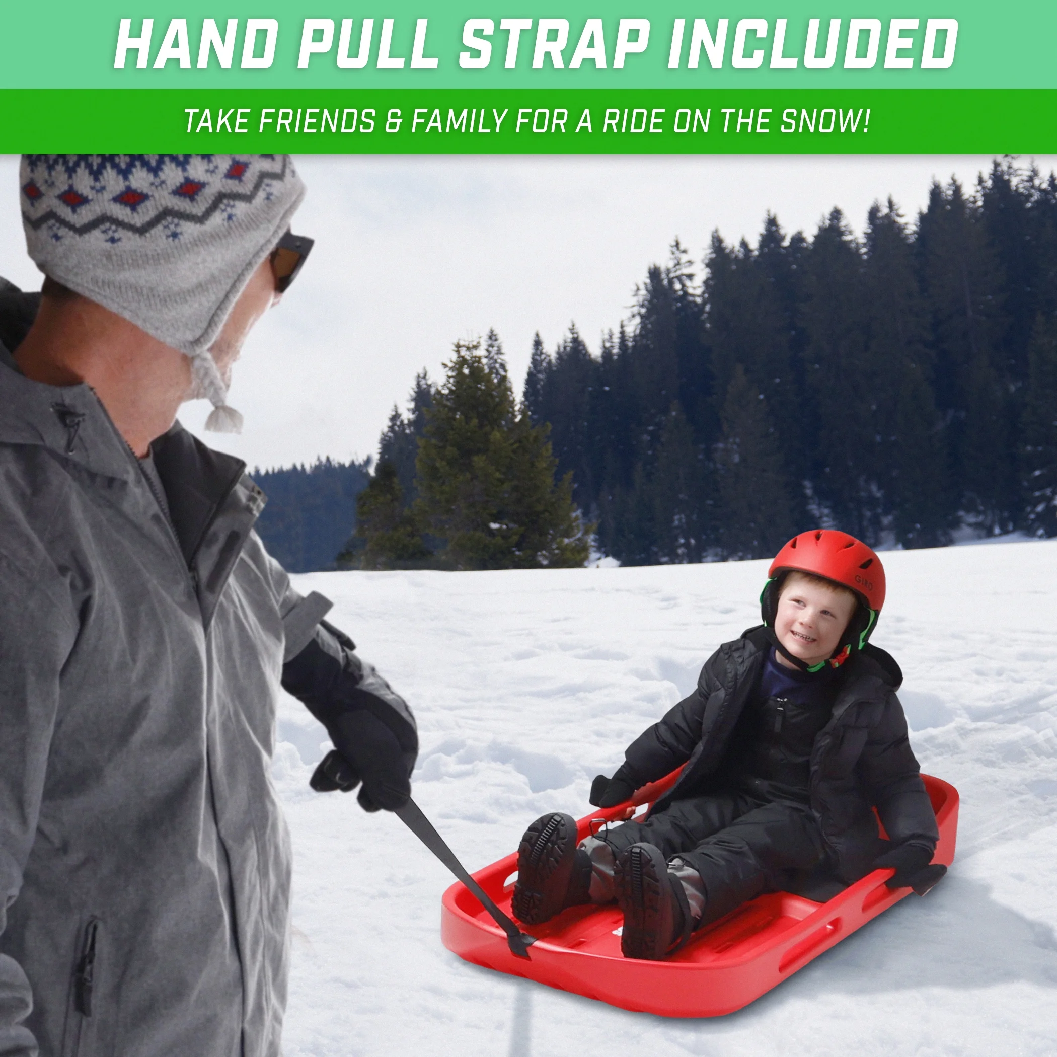 2 Person Premium Snow Sled with Double Walled Construction, Pull Strap and Padded Seat Red - Image 2