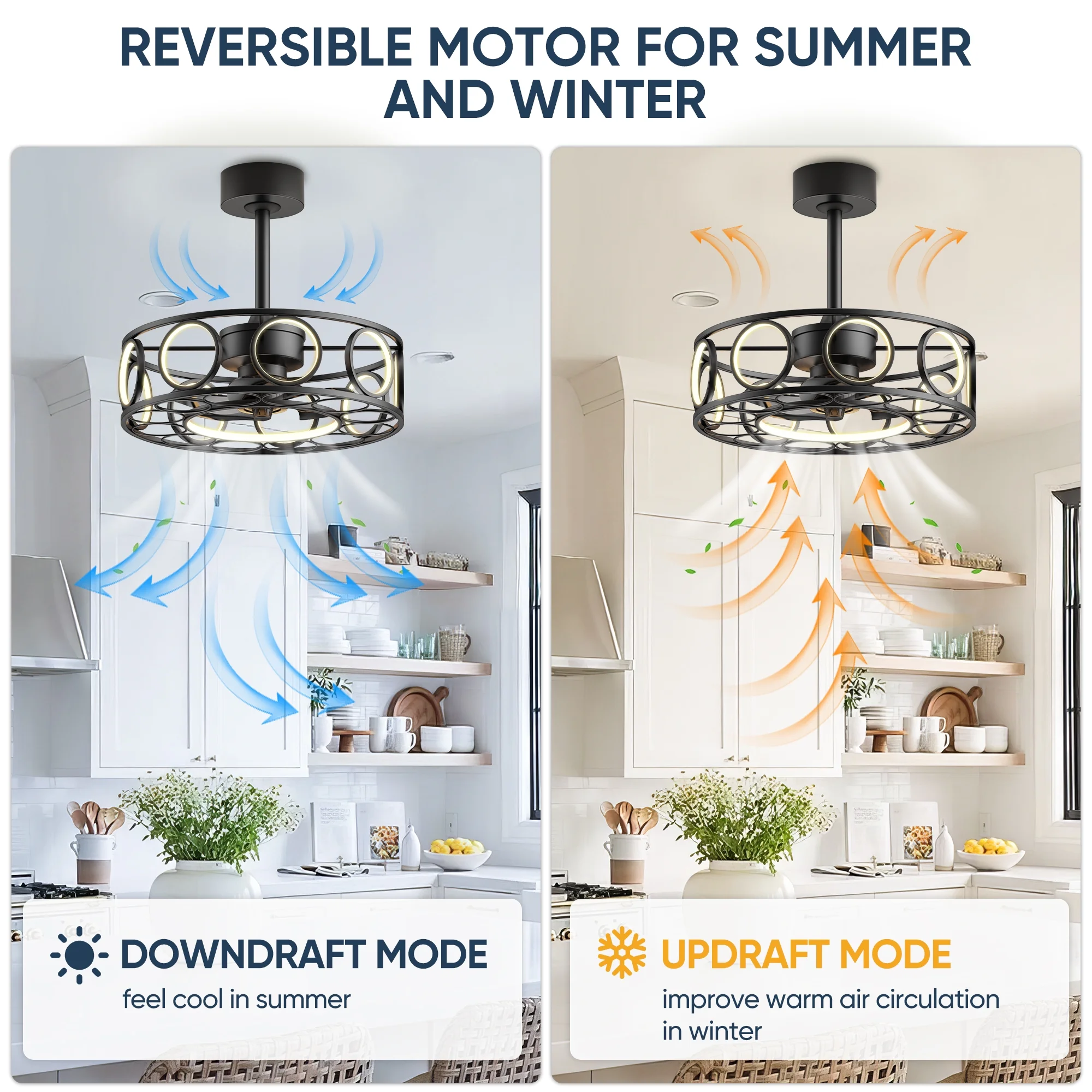 19.7" Caged Ceiling Fan with Light Remote Control, Black Modern 3 Color Temperature Pendant Light for Home & Kitchen