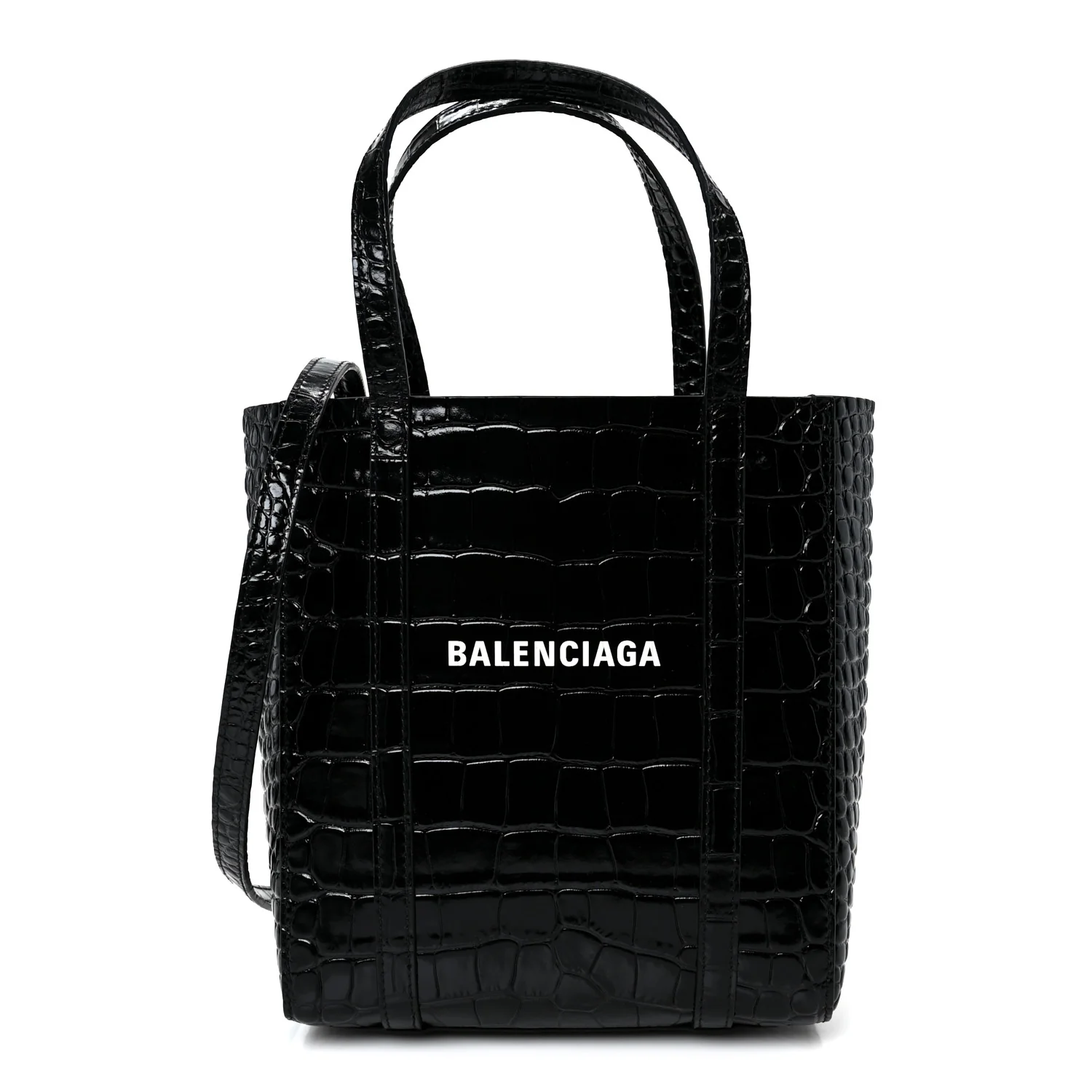 Shiny Calfskin Logo Crocodile Embossed XXS Everyday Tote  Black