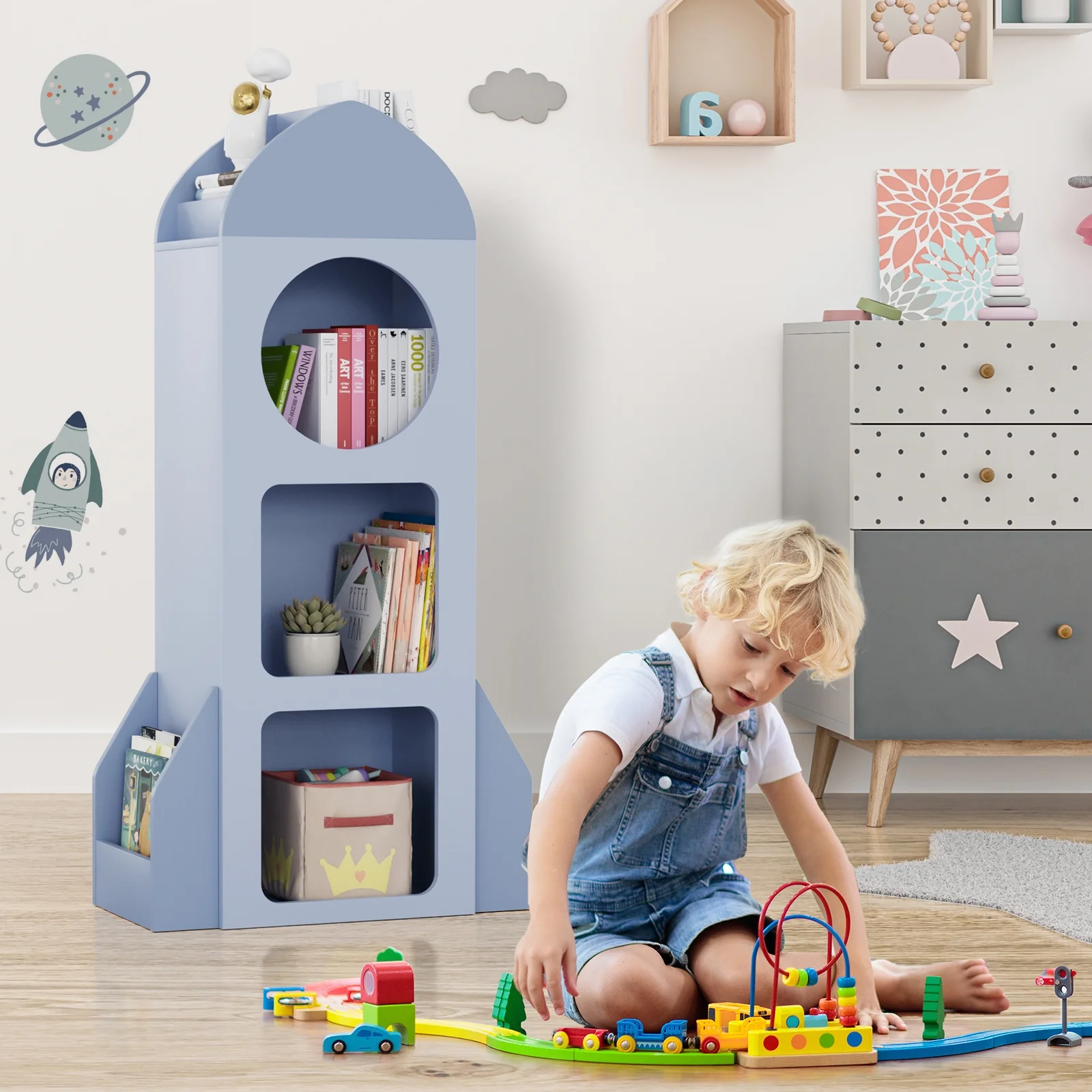 Kids Bookshelf 3-Tier Wooden Kids Bookcase with Toy Storage for Bedroom, Playroom, Nursery, Blue(Blue) - Image 6