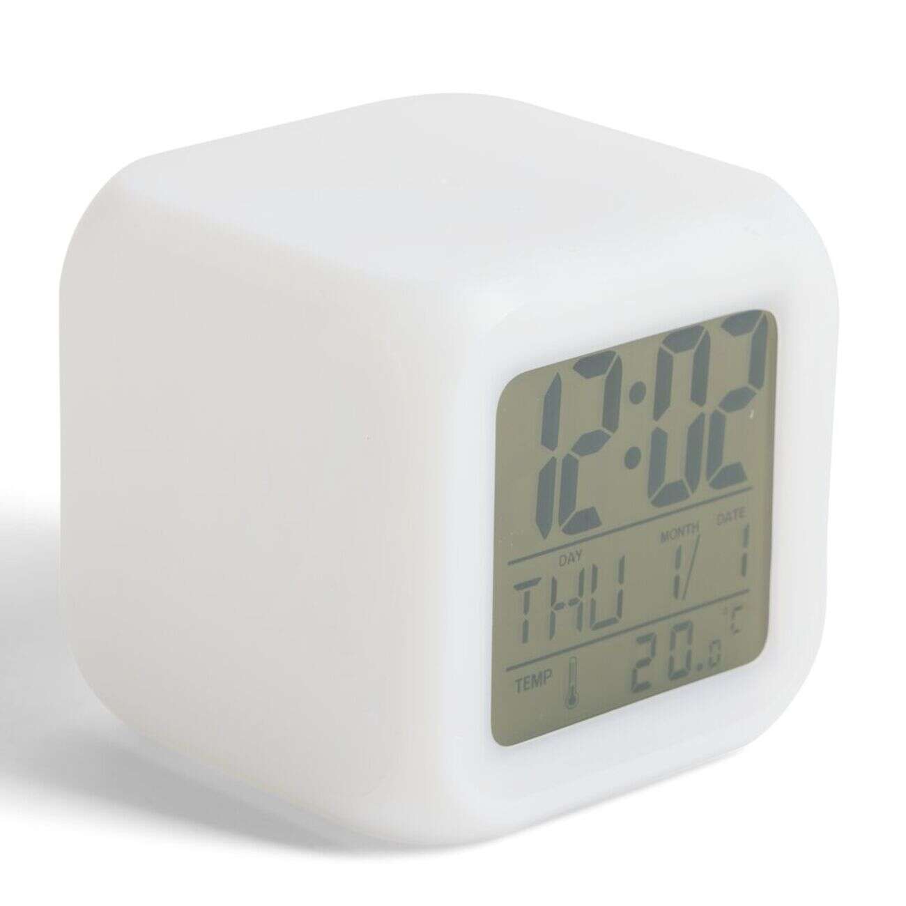 Réveil cube LED multicolore à piles 7,8x7,8x7,8cm