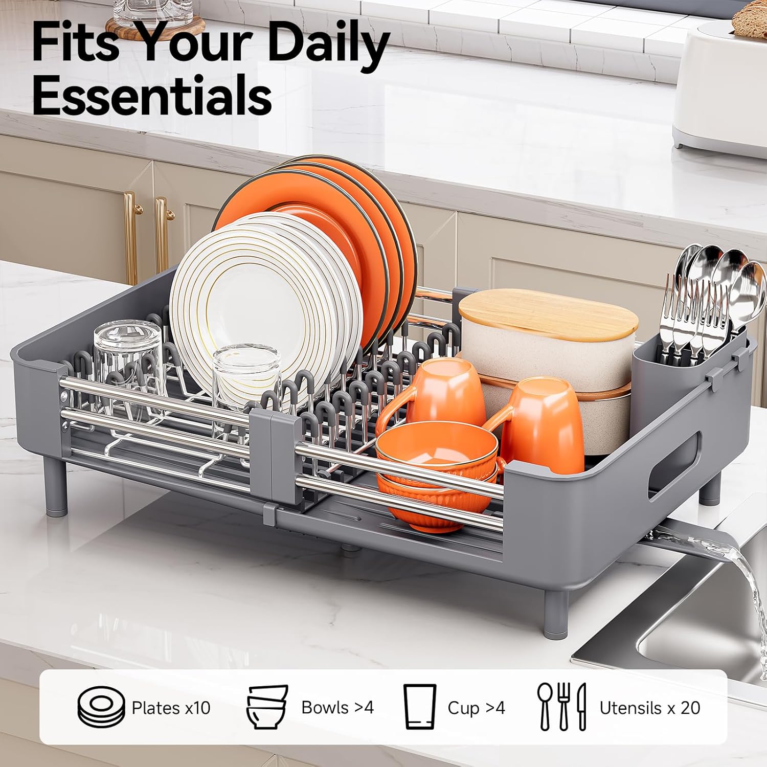 Urackify Extendable Stainless Dish Drying Rack for Kitchen Counter, Gray
