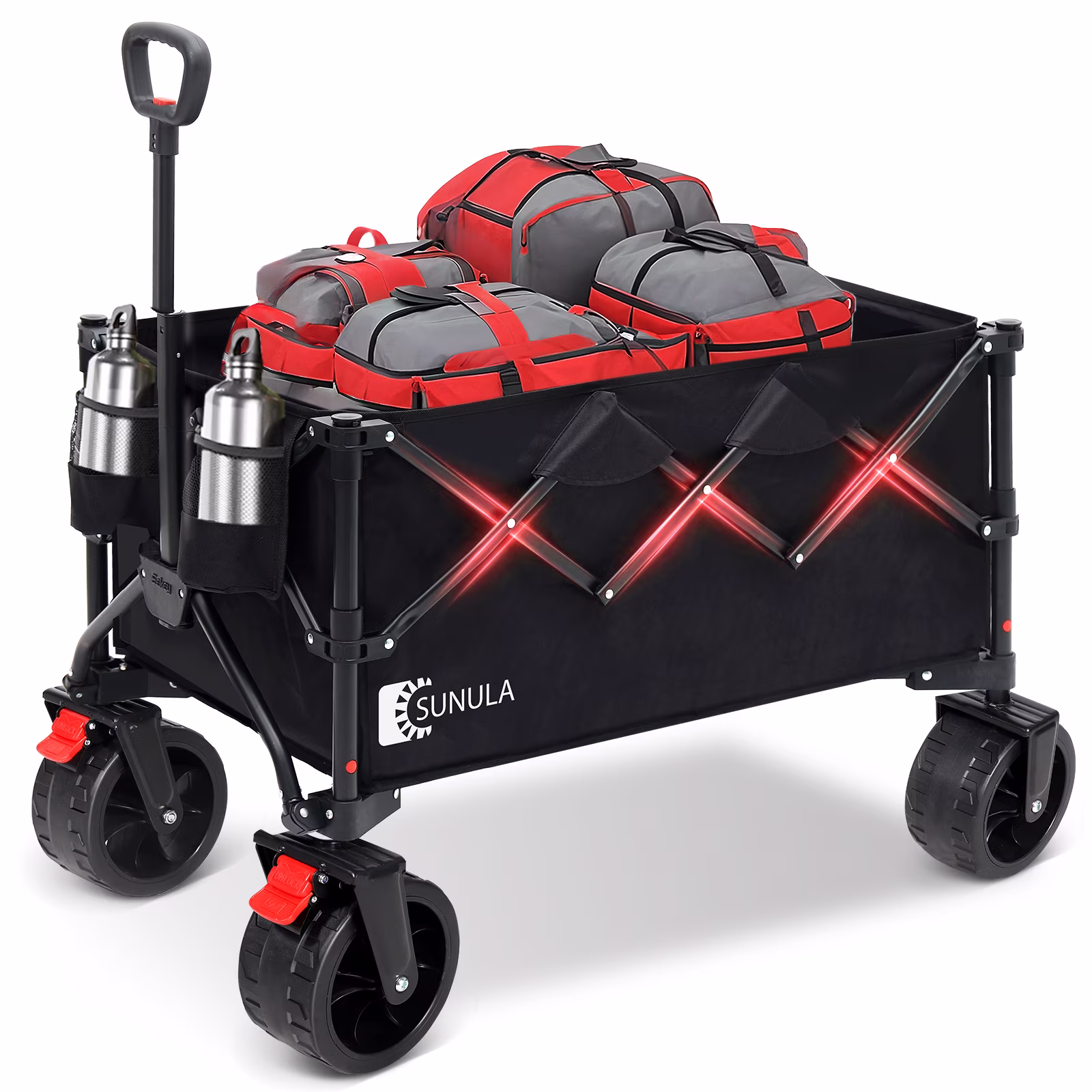330LBS Collapsible Wagon Cart, 220L Large Capacity Foldable Wagon, Heavy Duty Folding Utility Garden Cart with All-Terrain Wheels for Camp, Beach, Sport, Shop, Grocery (Black, 1-YEAR-WARRANTY)(Black)