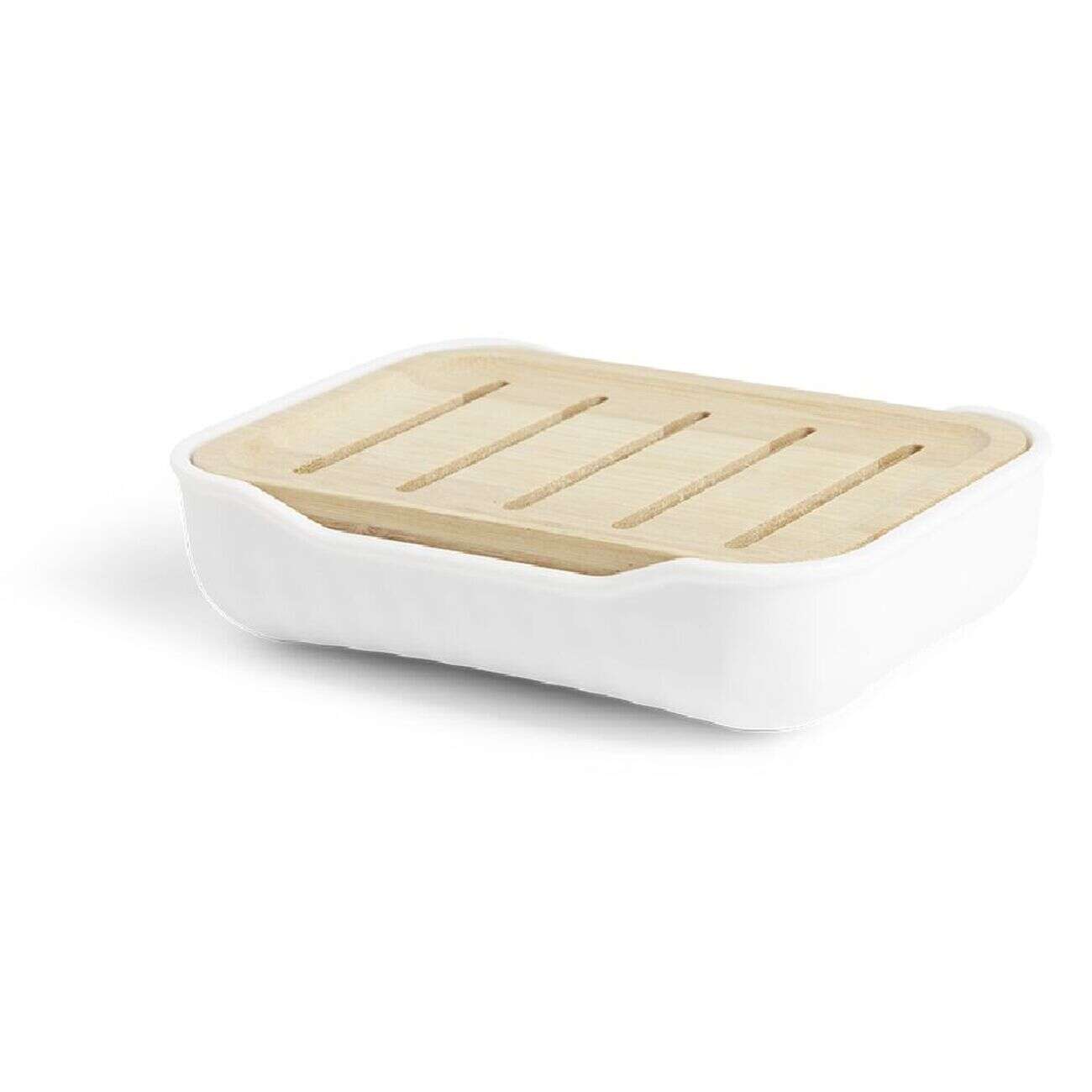 Porte-savon salle de bain bambou et plastique blanc