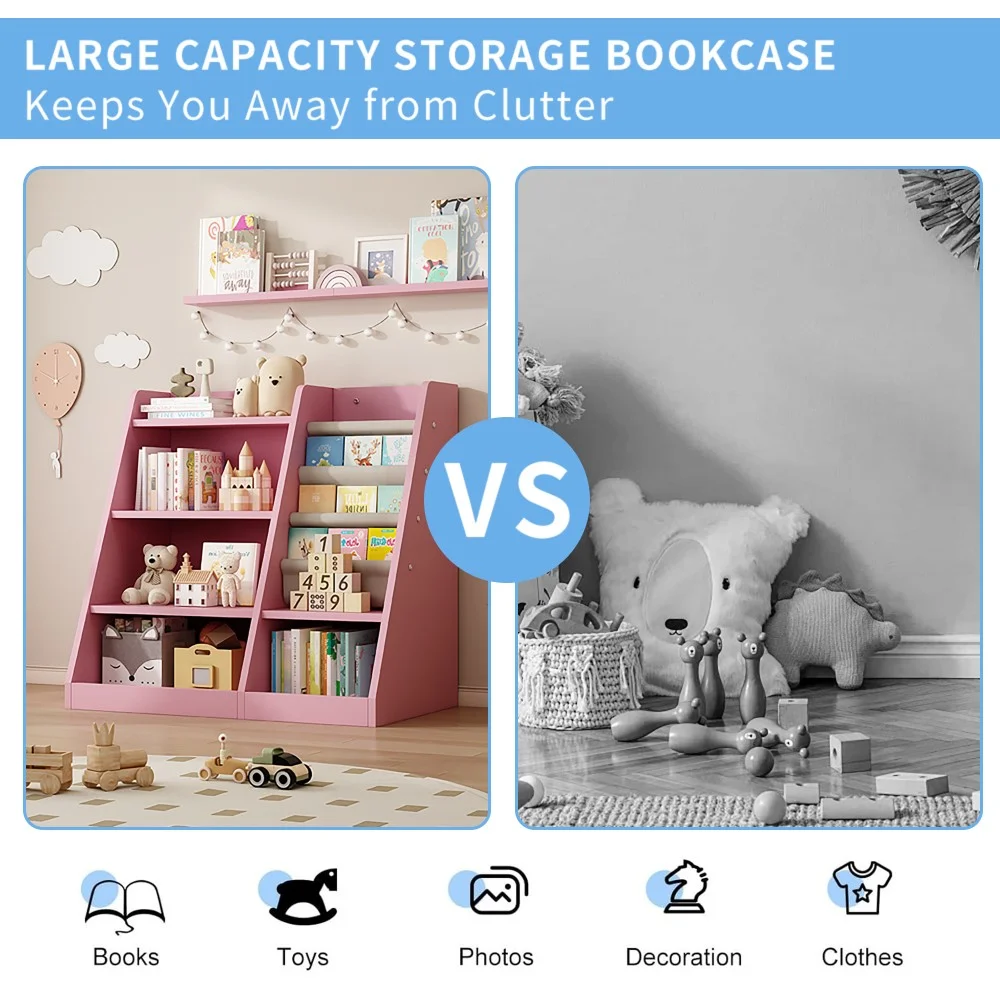 Montessori Kid Bookshelf, Modern Wood Bookcase 4 Tier Children Book Rack Display Toy Storage Organizer Sling Book Rack for Classroom Bedroom Nursery Playroom (Pink)(Pink) - Image 8