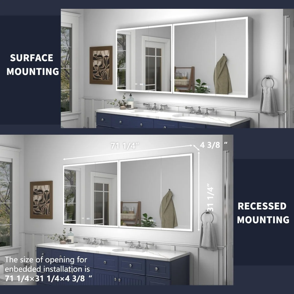 Rim 72" W x 32" H Lighted Medicine Cabinet Recessed or Surface LED Medicine Cabinet with Outlets USBs - Image 4