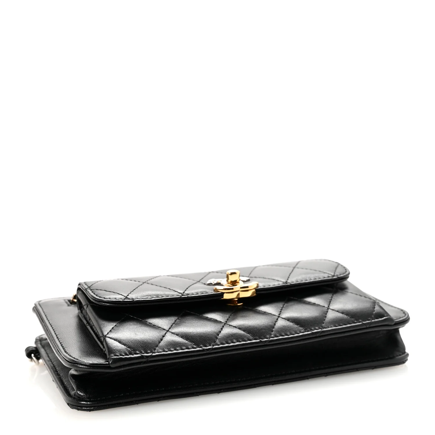 Lambskin Quilted Front Pocket Clutch With Chain Black