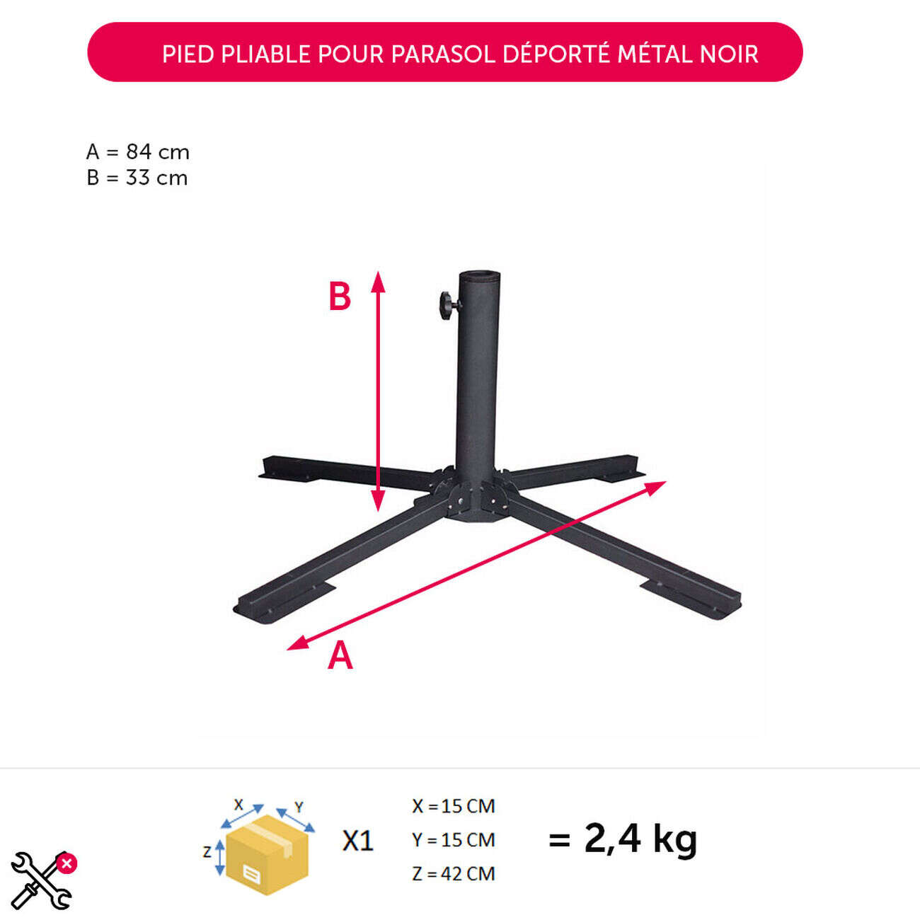 Pied pliable pour parasol déporté métal noir