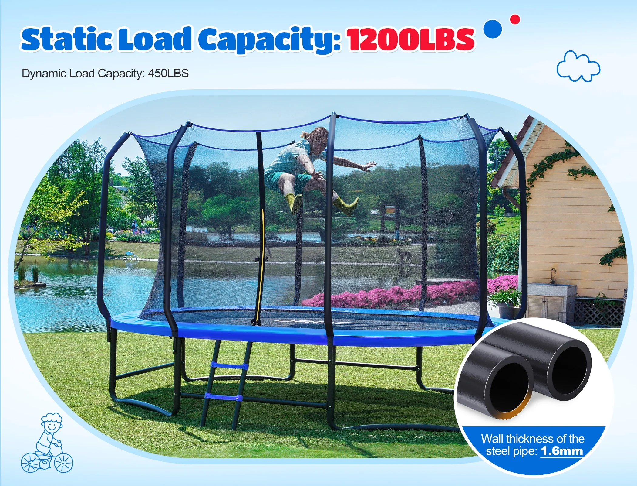 1200LBS Capacity Oval 8X13FT Heavy-Duty Yard Trampoline for Kids Adults with Safety Enclosure, 1.6mm Thickened Steel Frame Reinforced Legs, Outdoor Gymnastics Trampoline(8X13FT Oval) - Image 5