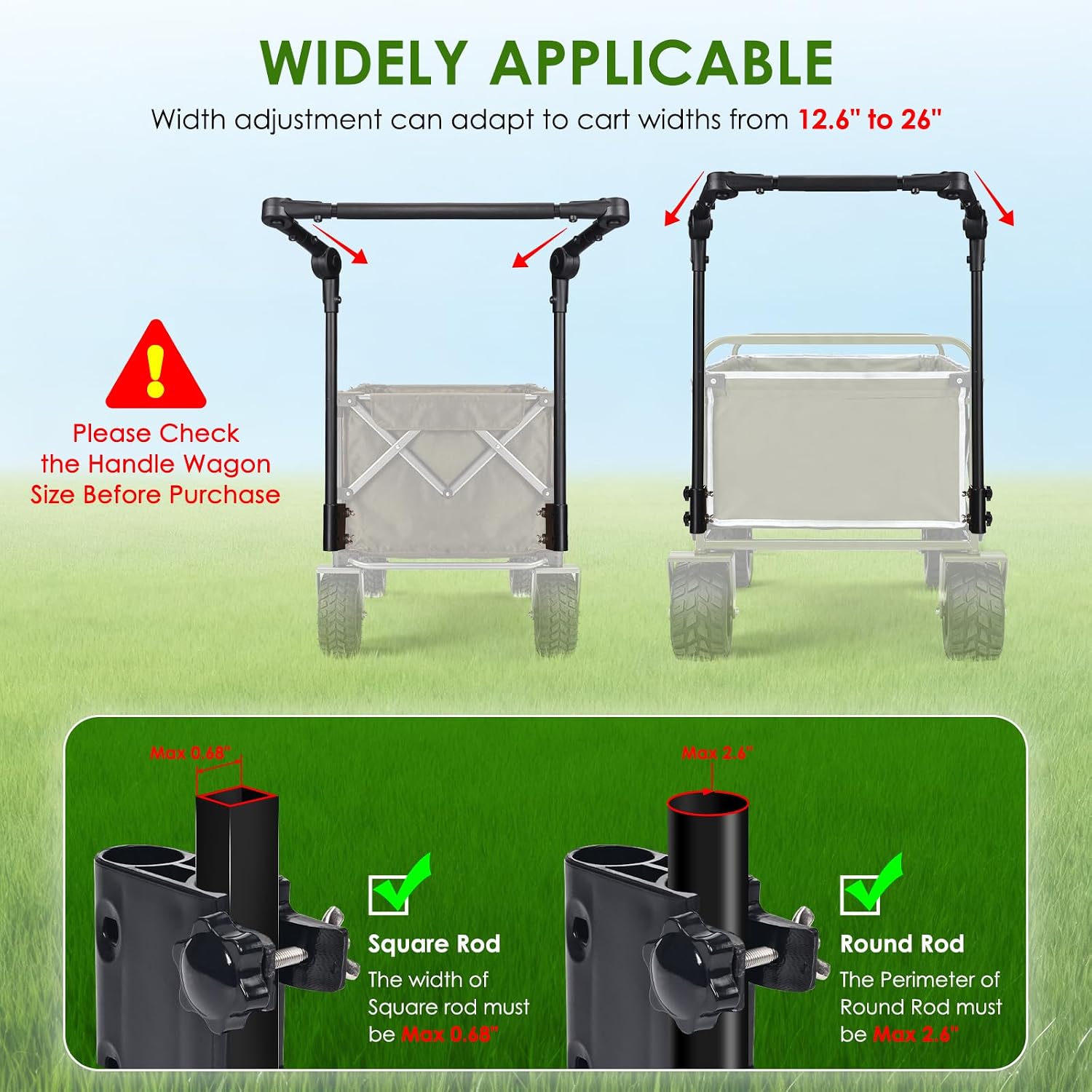 Wagon Push Handle with Hook and Loop Strips, Fits Round/Square Frame Wagons