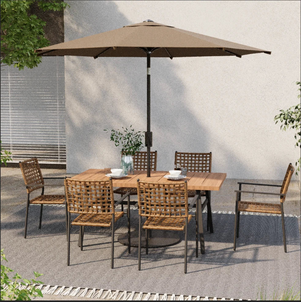 LAUSAINT HOME 7-Piece Outdoor Patio Dining Set, Rattan Chair and Wood-Grain Table, All-Weather Furniture for Garden or Backyard