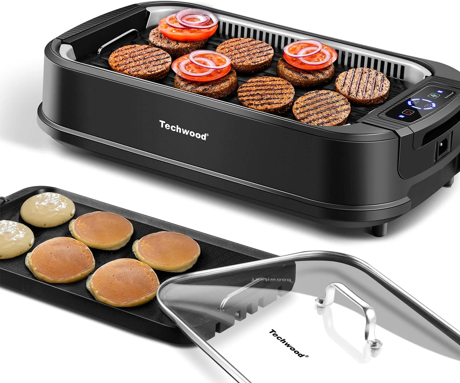 Gril électrique d'intérieur sans fumée Techwood 1500 W avec couvercle en verre trempé, barbecue coréen portable antiadhésif, technologie d'extraction de fumée Turbo, bac récupérateur de graisse et double plaque amovible, noir