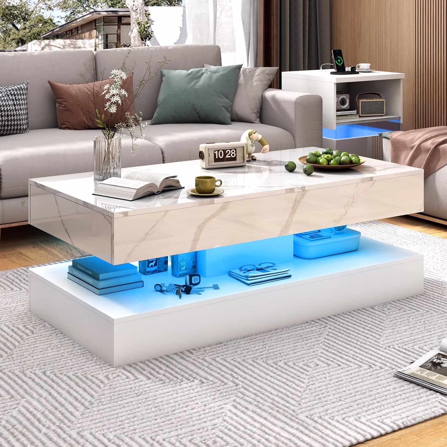 Large Black LED Coffee Table with 2 Storage Drawers, Modern High Gloss Coffee Table w/20 Colors LED Lights/APP Control, 2 Tiers Rectangle Large Living Room Furniture w/Marbling Print(47.3")(Black Marbling Print) - Image 3