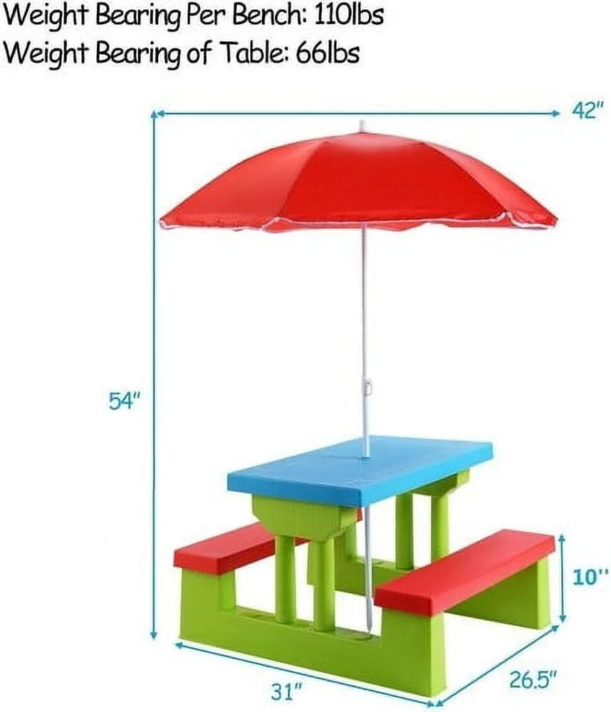 Colourtree Kids Picnic Table, Kids Outdoor Table and Chairs with Removable and Adjustable Umbrella, Kids Bench Table Indoor, Portable Toddler Picnic Table for Patio, Backyard, Garden (Navy & Red)