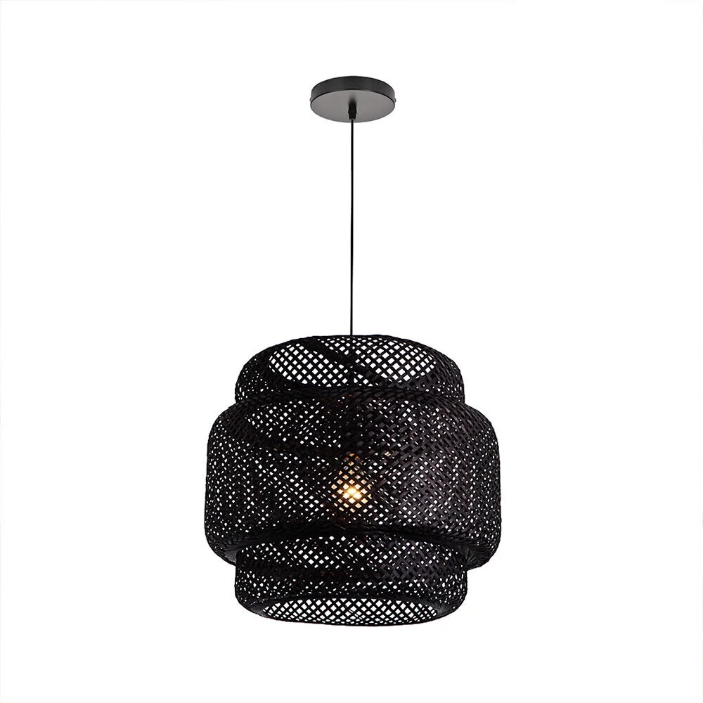 Arturesthome Vintage Chandelie Bamboo Woven Pendant Light Hanging Ceiling Lamp Decor Black