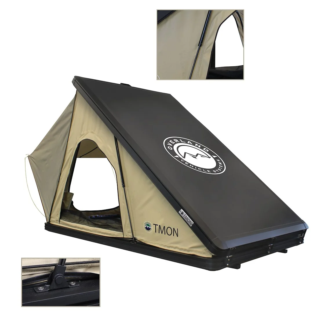 LD TMON Clamshell Aluminum Hard Shell Roof Top Tent 2 Person Capacity, Tan Body Green Rainfly - Image 7