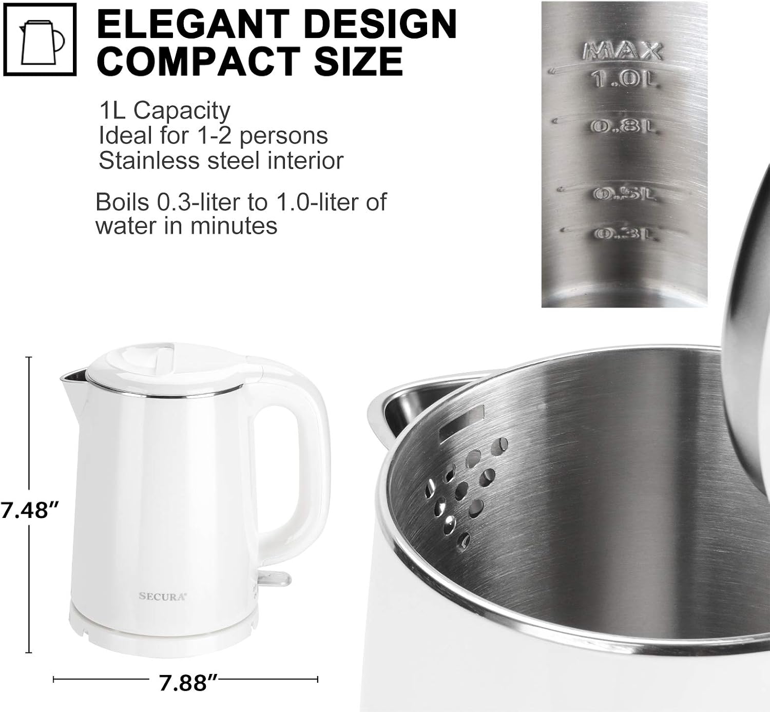 Secura Stainless Steel Double Wall Electric Kettle Water Heater for Tea Coffee with Auto Shut-Off and Boil-Dry Protection, 1.0L (White) SWK-1001DW/HB-K012