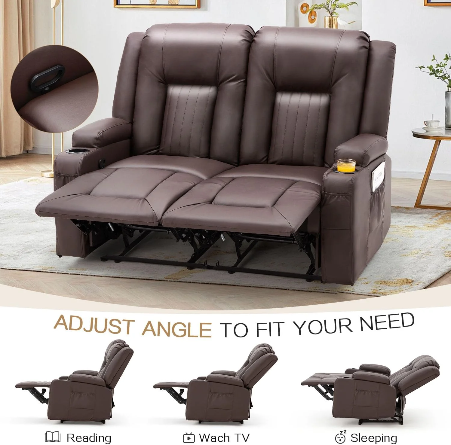 AECOJOY Loveseat Recliner with Cup Holders&Side Pockets, Brown, 2