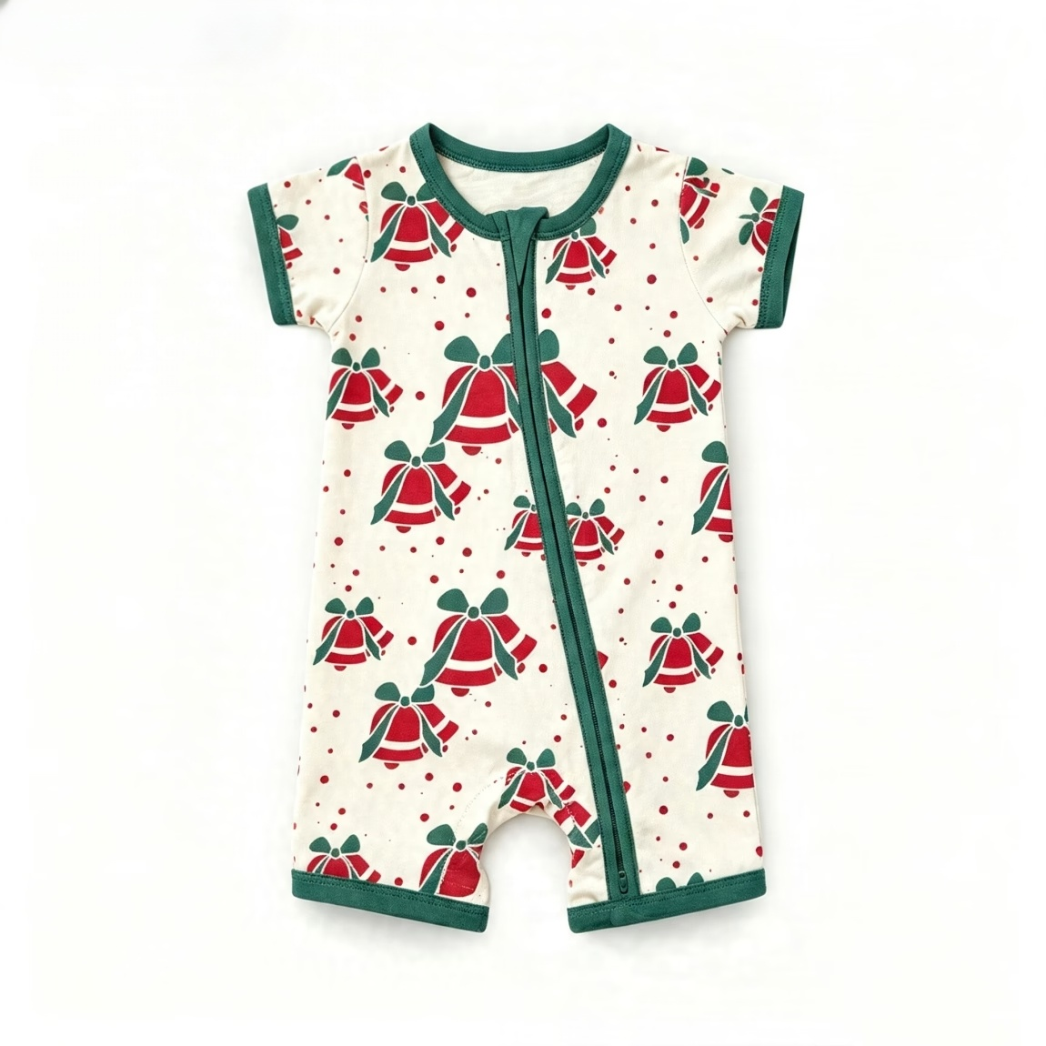 Christmas Print Baby Bamboo Zipper Romper Short Sleeve Footless One-Piece Jumpsuit With 2-Way Zipper Bamboo Sleepwear