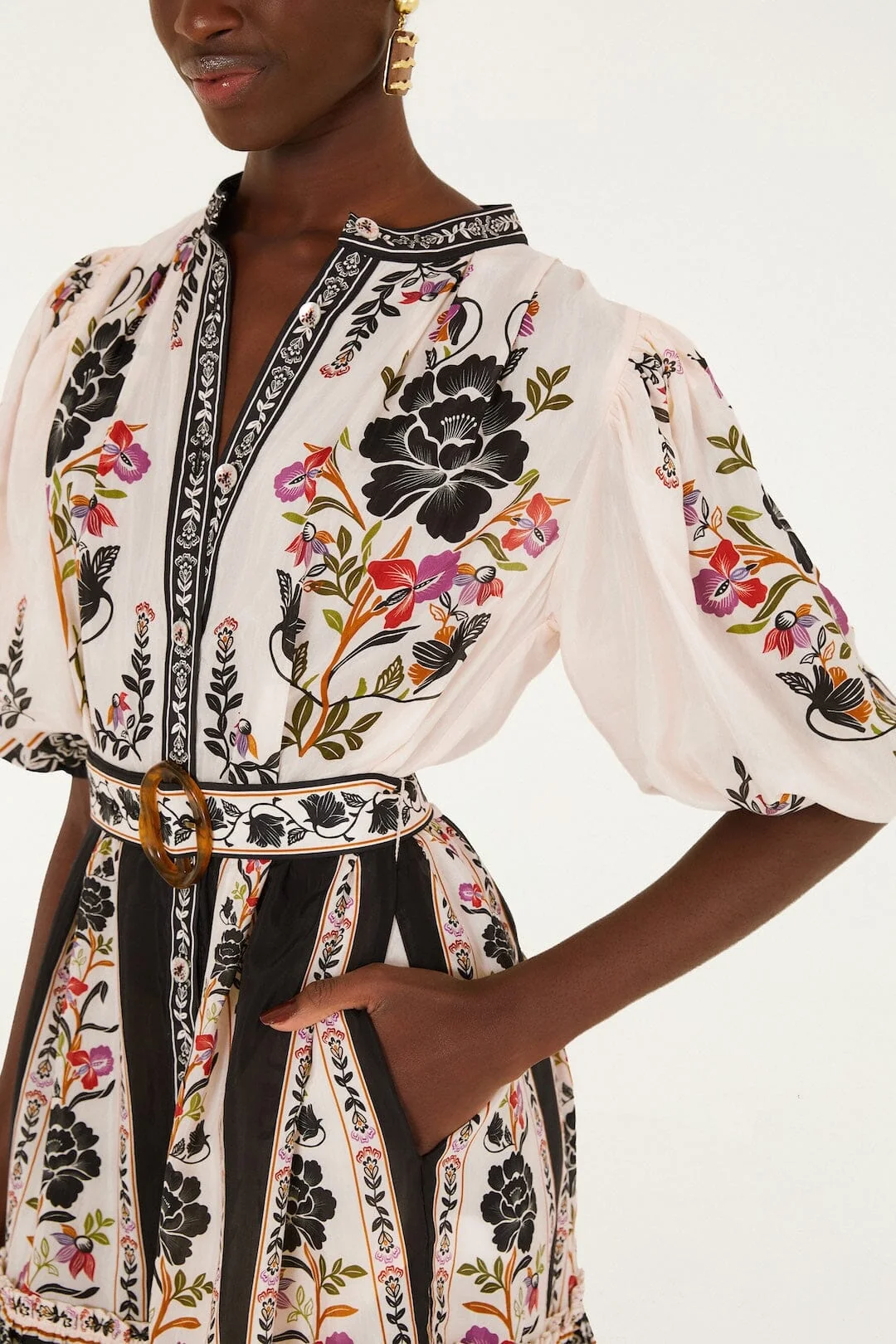 Delicate Floral Belted Buttoned Mini Dress
