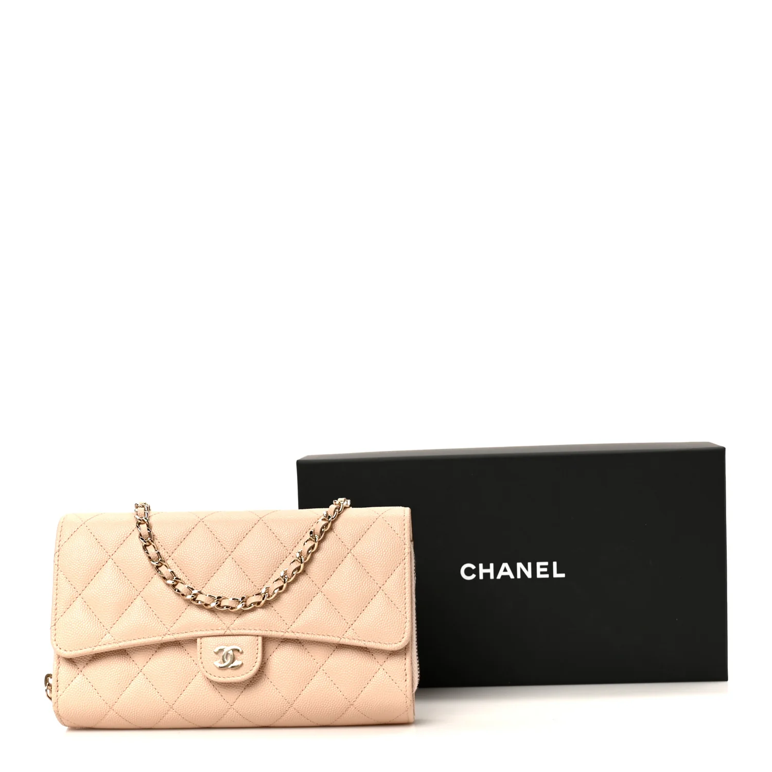 Caviar Quilted Phone Holder Wallet on Removable Chain Light Beige