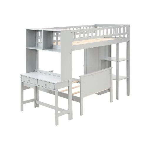 Twin Loft Bed with Closet Desk, Wood Bed Frame with Movable Bed, Bunk Bed for Kids Adult, Gray Image 7
