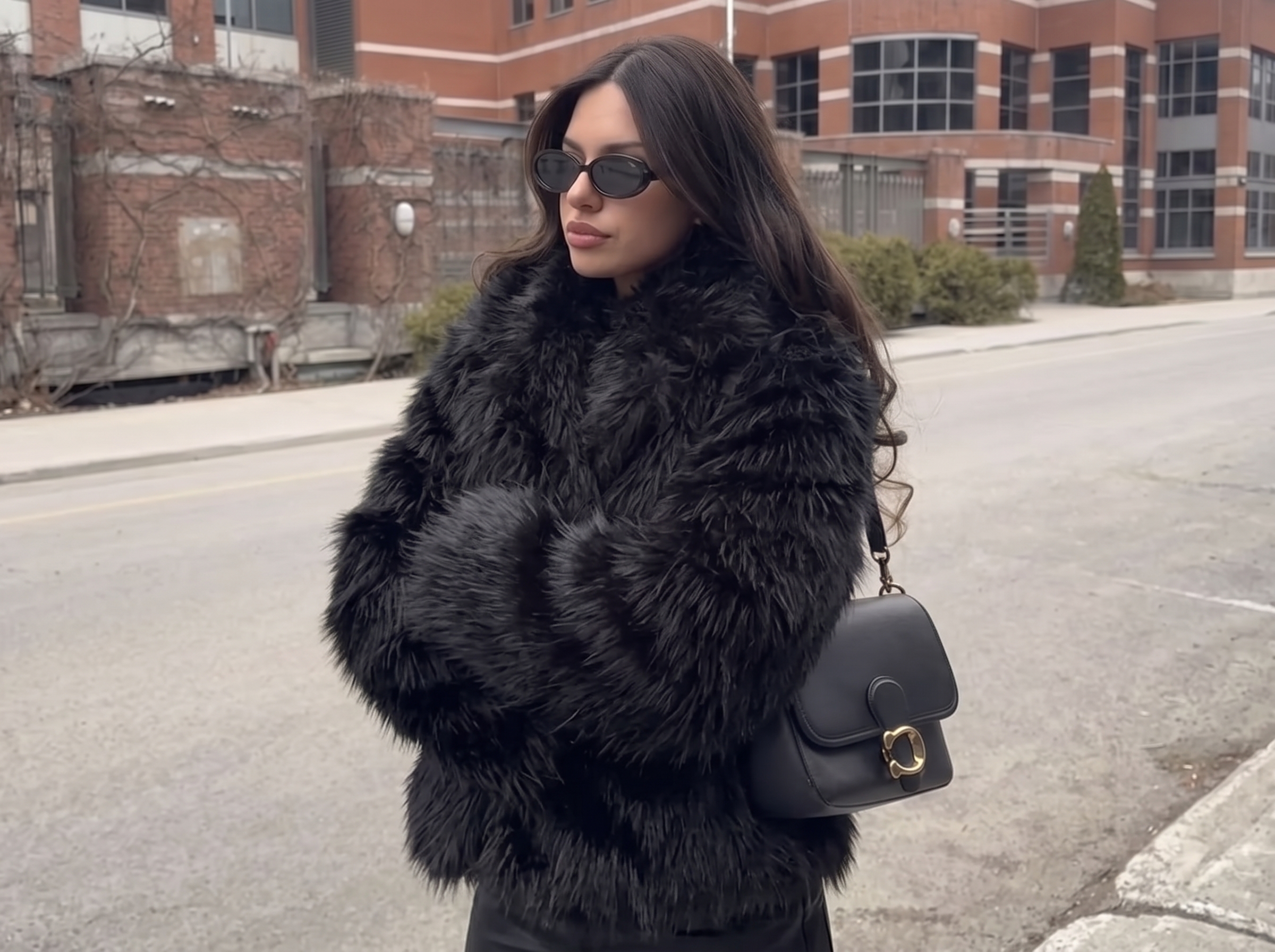 Woman wearing a pink faux fur coat indoors