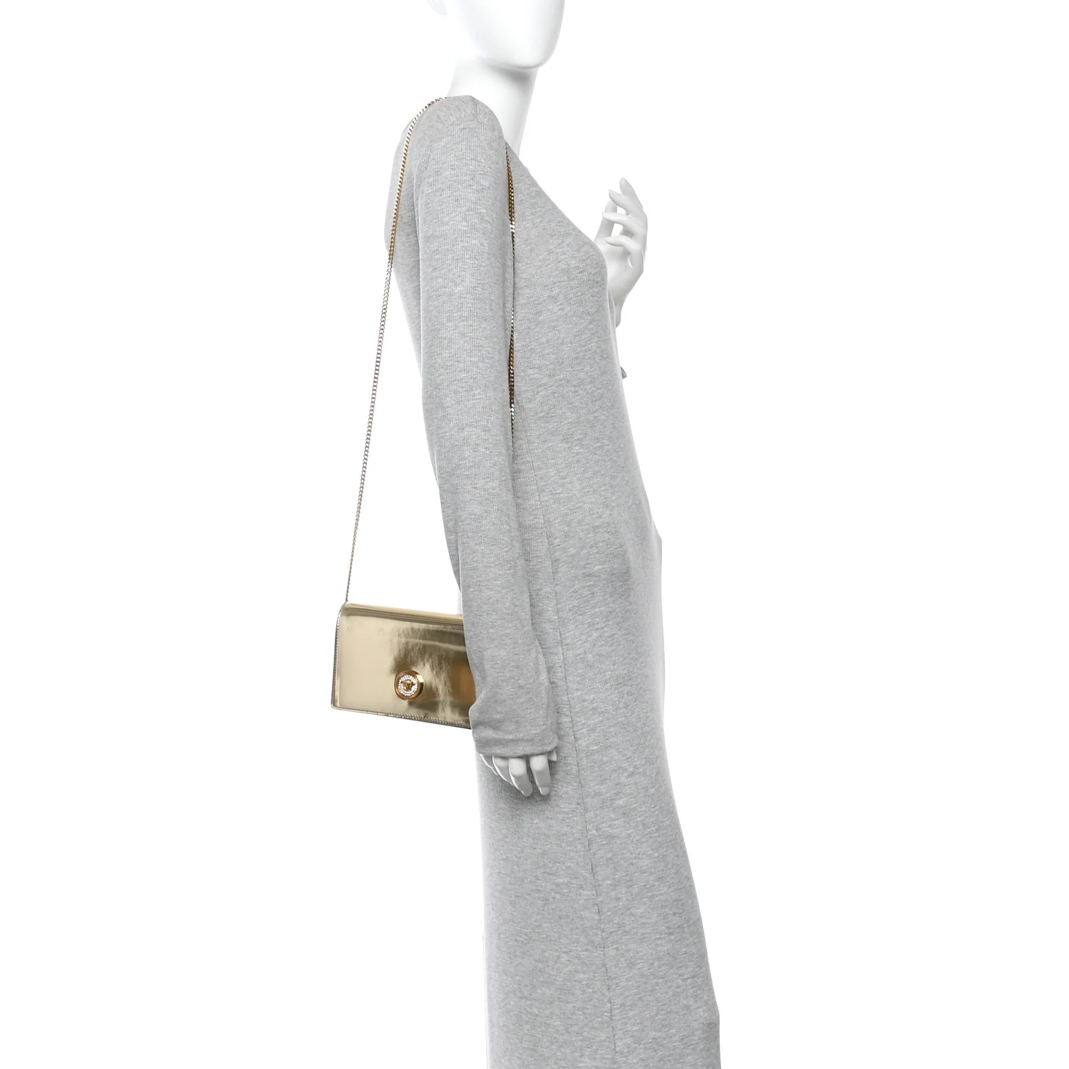 Patent Metallic Crystal Medusa Clutch On Chain Gold