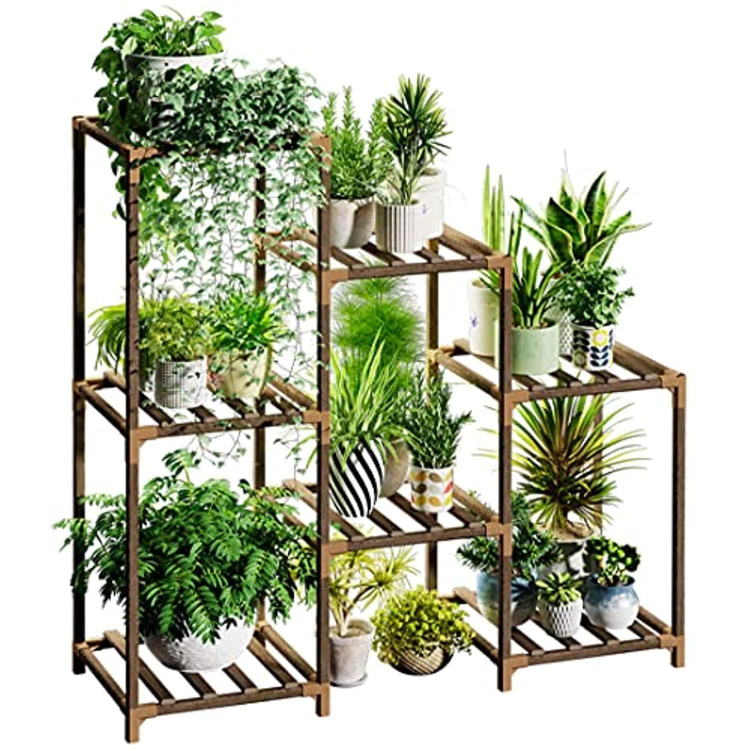 Bamworld Plant Stand Indoor Plant Stands Wood Outdoor Tiered Plant Shelf for Multiple Plants, 3 Tiers 7 Potted Ladder Plant Holder Table PLA