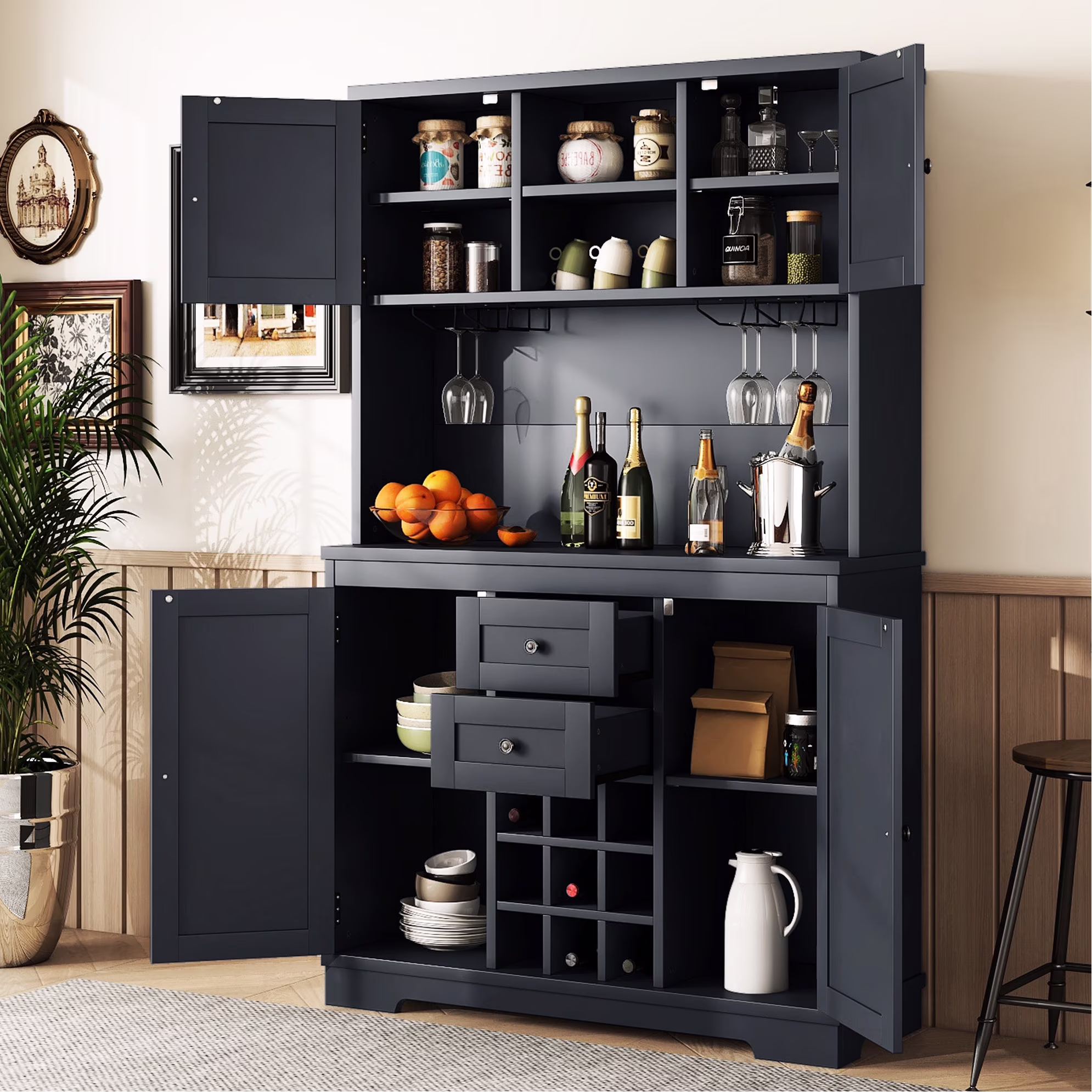 Dark Blue Dining Room Storage Cabinet With Shelves Coffee Bar Drawers For Kitchen Antique Drawers, Shelves, And Cabinets(Antique Blue)