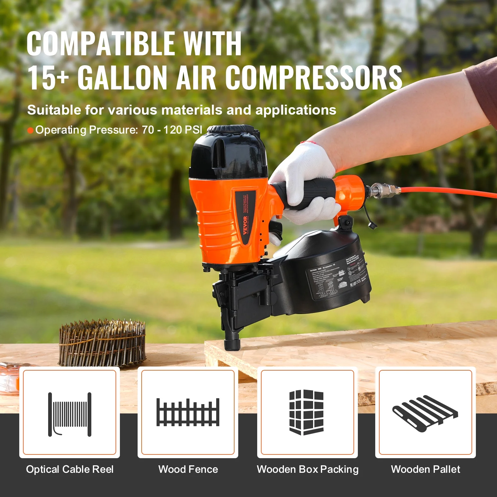 Coil Siding Nailer CN65, 1-1/4" to 2-1/2" 15 Degree Pneumatic Siding Nail Gun with Tool-Less Depth Adjustment, 70-120PSI Air Coil Nailer for Siding, Pallet Sheathing, Wooding, Fencing - Image 6