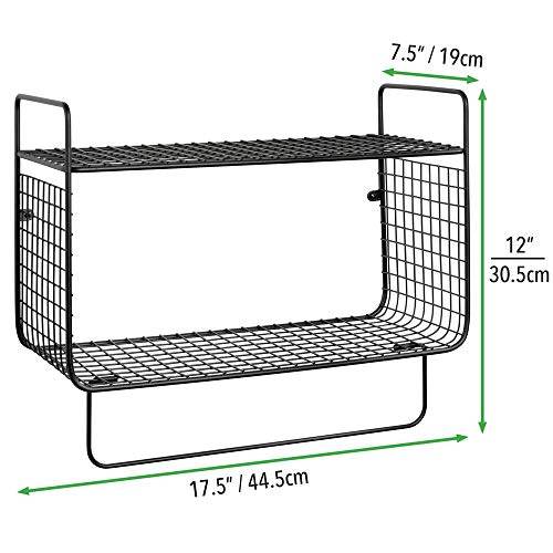 Mdesign Steel Wall Mount Storage Organizer Shelf Rack With Towel Bar - Mounted Shelves For Bathroom, Laundry Room, Kitchen, Garage - Basket For