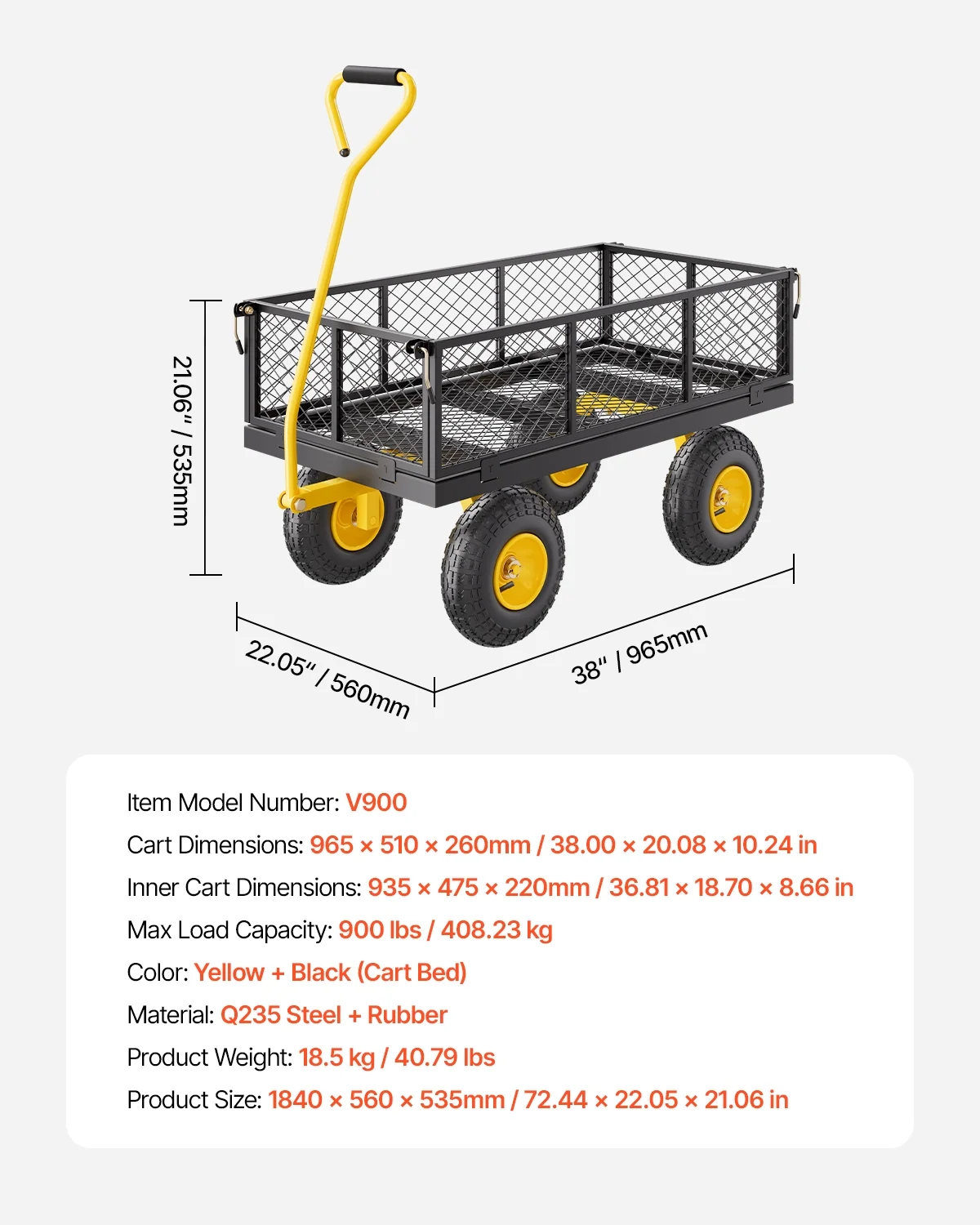 900 Lbs Heavy Duty Steel Garden Cart, Garden Wagon Cart on Wheels, Outdoor Metal Yard Utility Wagon Carts with 10" Tires and Mesh Removable Sides(Convert to Flatbed) and 180��Rotating Handle - Image 7