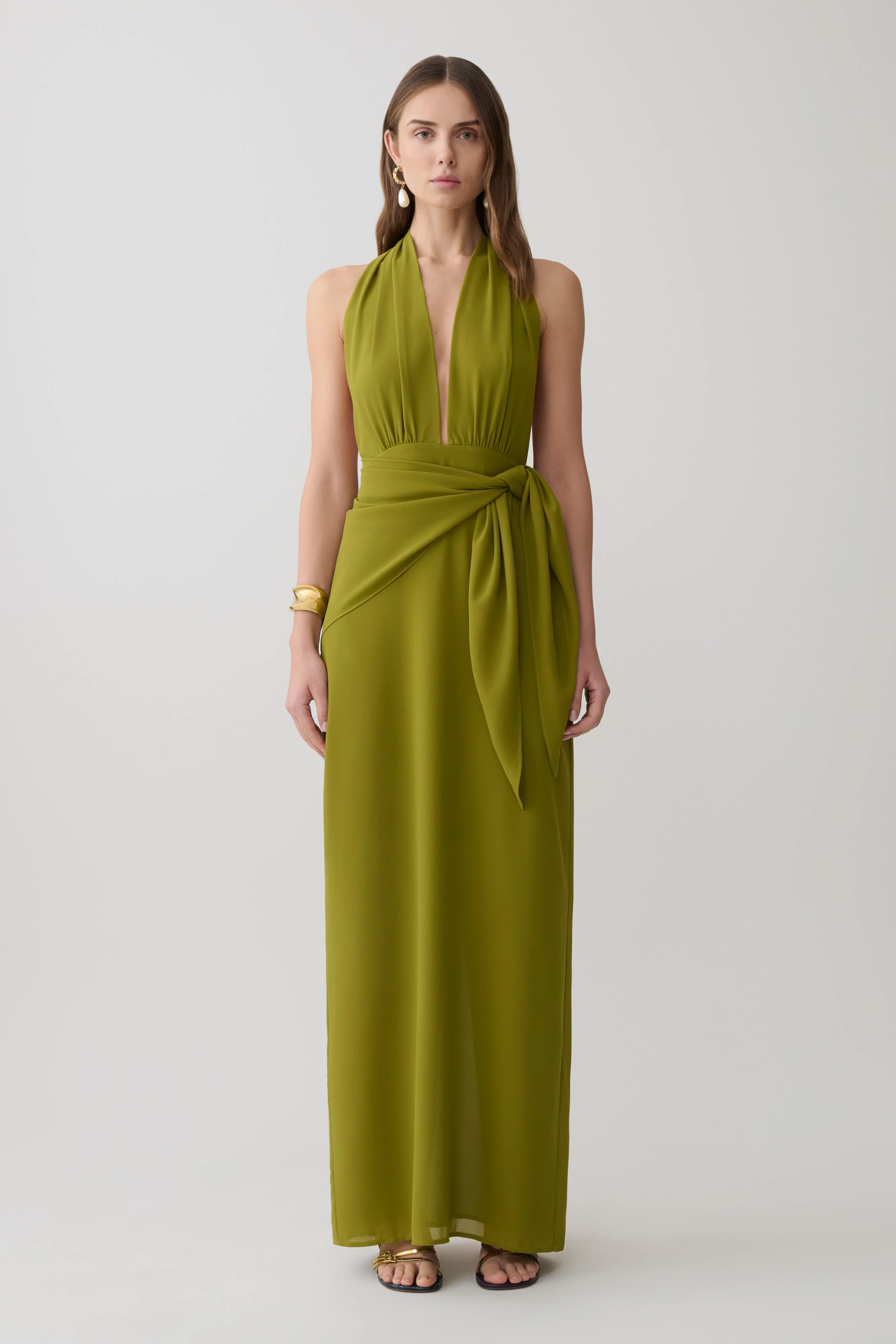 Gianna Satin Halter Maxi Dress - Olive