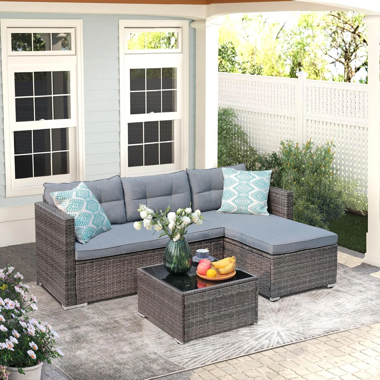 3 Pieces Patio Conversation Set, PE Wicker Rattan Outdoor Furniture Set, 2 Ways Small Sectional Sofa, Tempered Glass Coffee Table, Silver-Gray(Silver-Gray) - Image 6