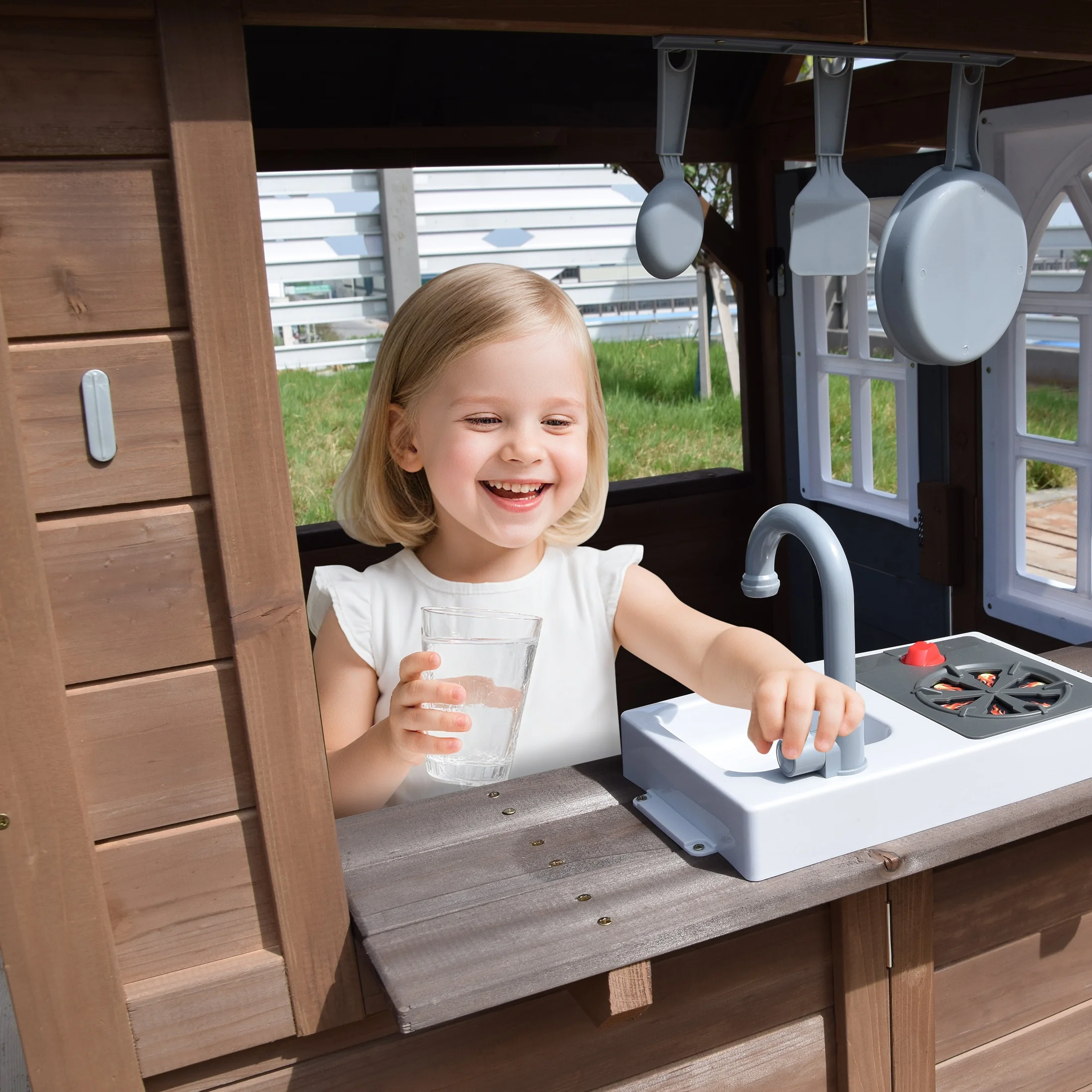 Outdoor Playhouse, Wooden Playhouse for Kids Toddlers, Large Kids Playhouse with Bench/Fence/Kitchen/Door Nameplate/Pretend Phone, Girls Boys Outdoor Toy Gift for Ages 3+, (62.99"W* 67.32"L) - Image 4