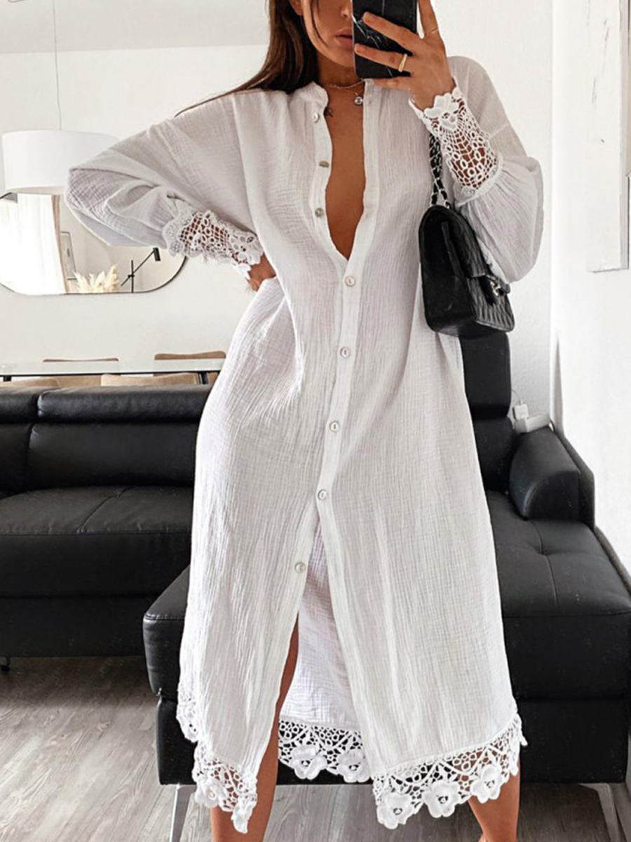 Robe chemise ample en dentelle unie pour femme
