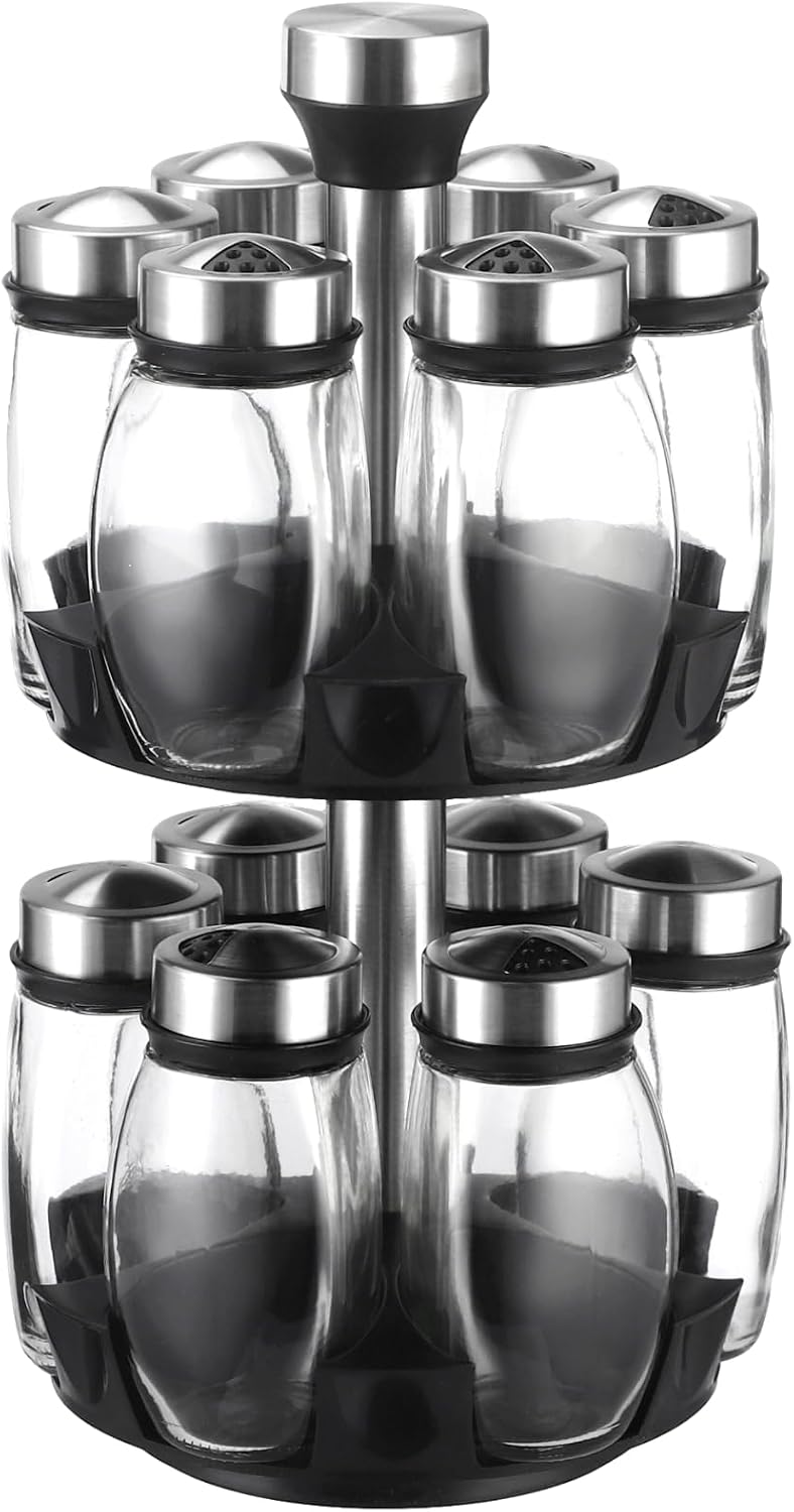 2 Layer Rotating Spice Rack Organizer with 12 Glass Jars, 360° Turntable Seasoning Set, Spinning Kitchen Counter Spice Holder, Airtight Containers with Labels for Kitchen Seasoning Storage
