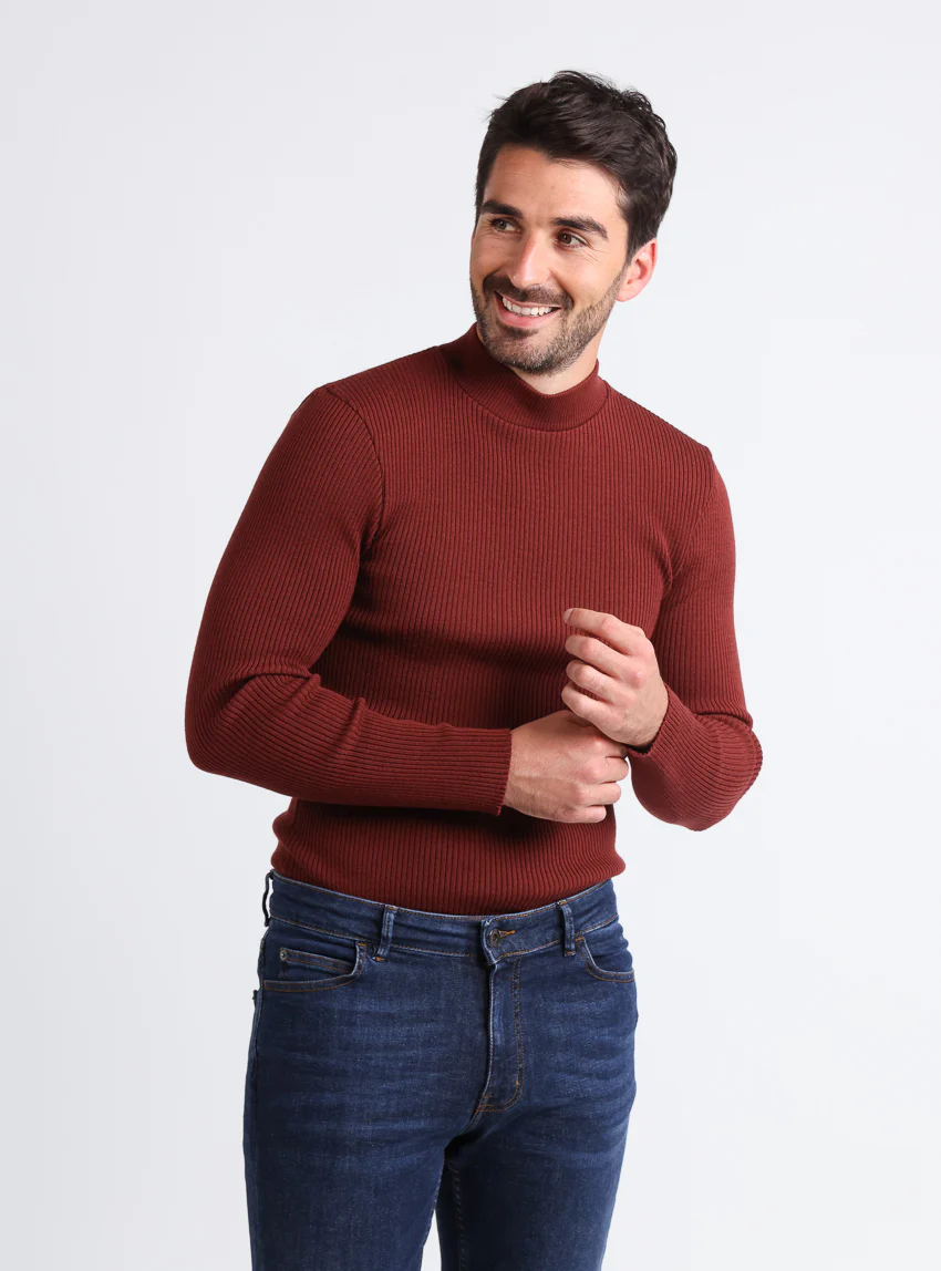 Pull homme 100% laine mérinos rouge terre de sienne