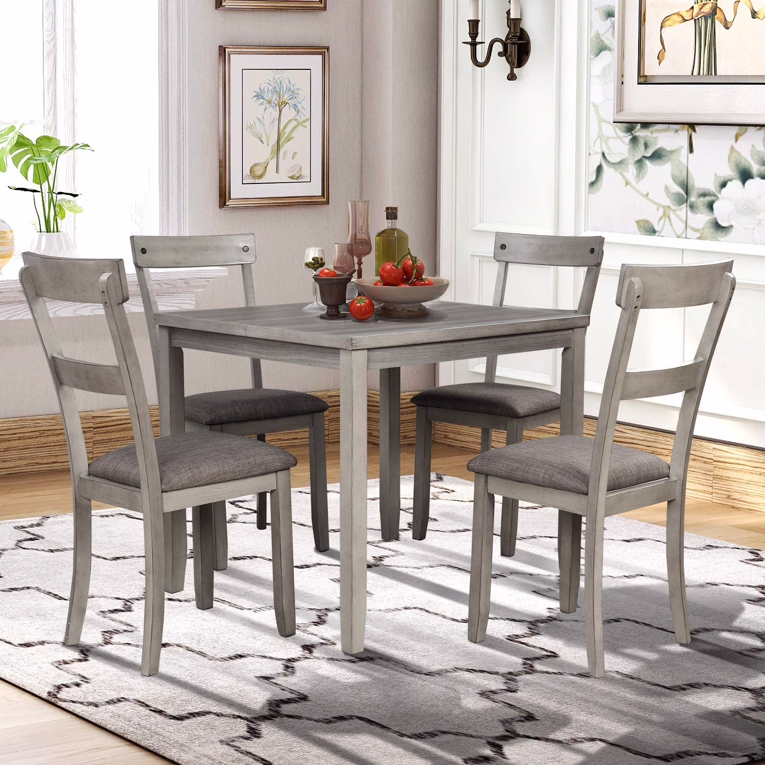 5 Pieces Wooden Round Dining Table and Chair Set with Special-shaped Legs and an Exquisitely Designed Hollow Chair Back for Dining Room(# 3:Gray (Round)) - Image 3