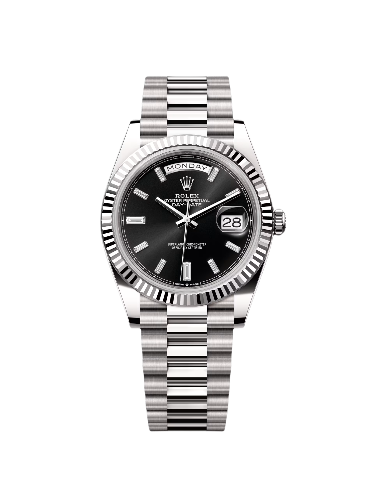 【Super Clone】RLX  Day-Date President 40mm White Gold Black Diamond Baguette Dial - 228239