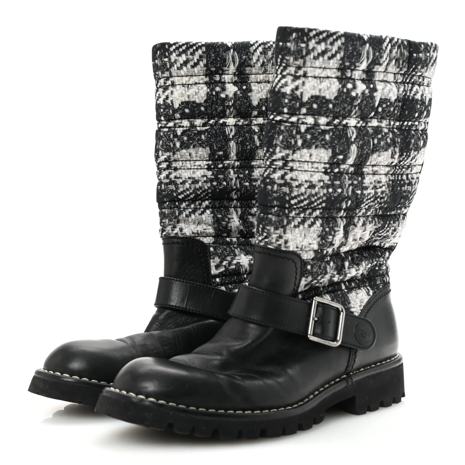 Calfskin Tweed Nylon Printed Boots 38 Black