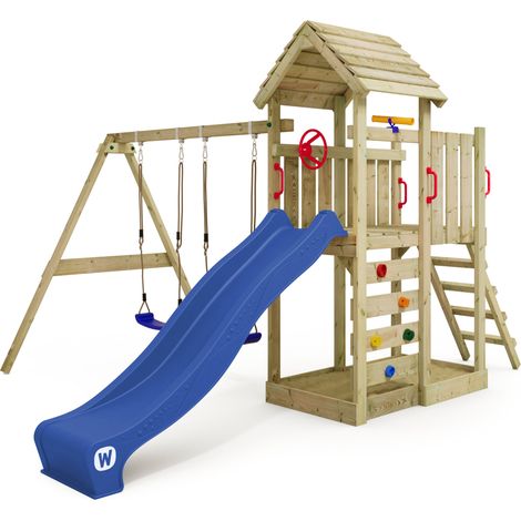 Aire de jeux WICKEY MultiFlyer - Toit en bois - Balançoire - Toboggan - Maison enfant extérieur - Bac à sable - Échelle d'escalade - Accessoires de jeux - Bleu — vue 1