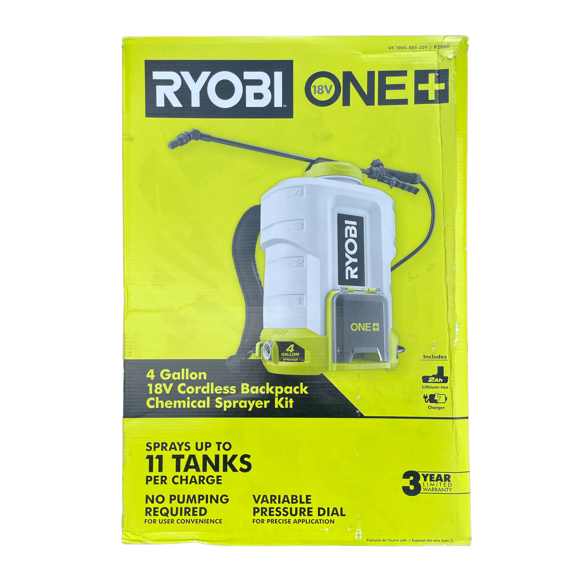 Ryobi P2860 One+ 18V Cordless Battery 4 gal. Backpack Chemical Sprayer with 2.0 Ah Battery and Charger