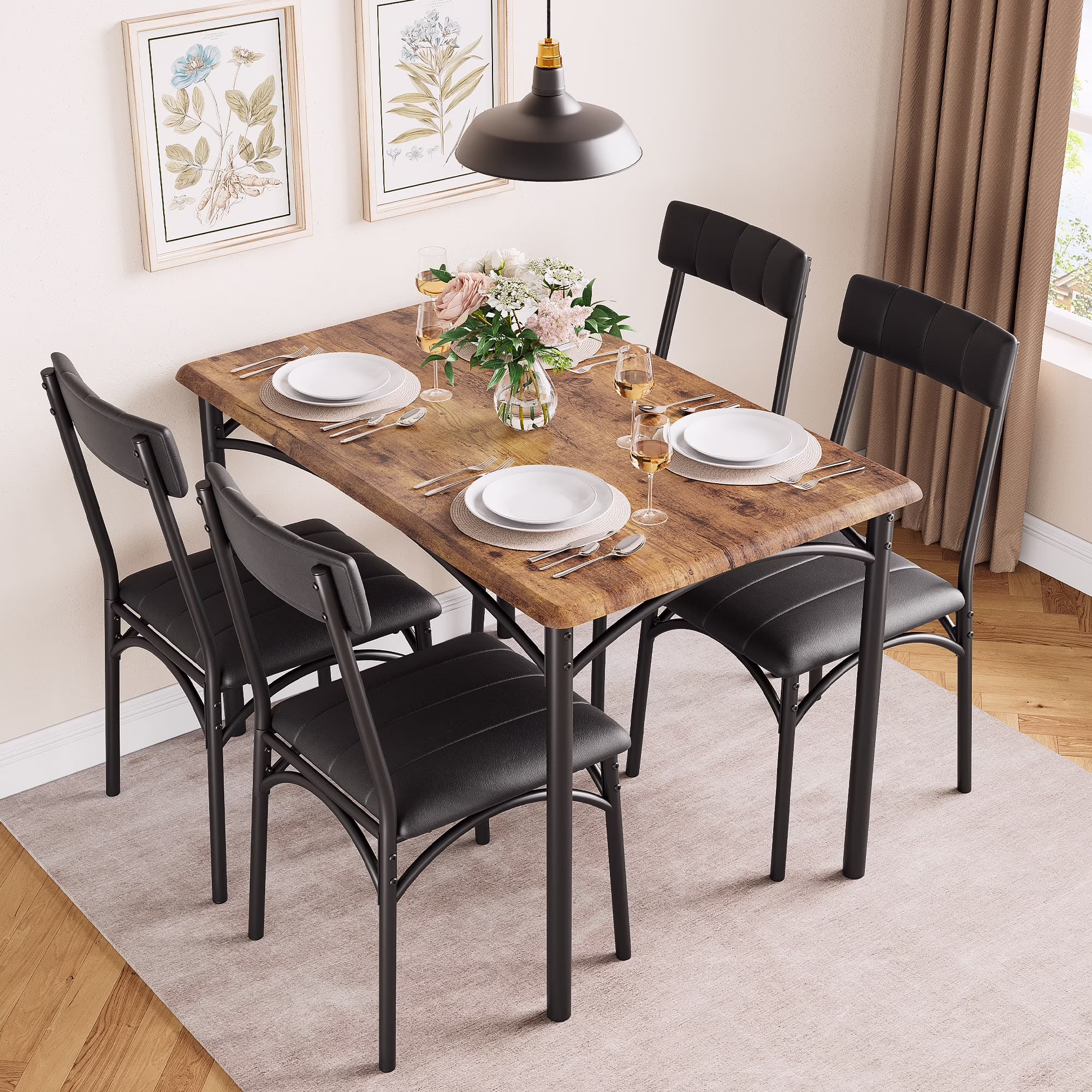 5 Piece Dining Table and Chairs Set, Wood Rectangular Dining Table with 4 Upholstered Chairs(Brown)
