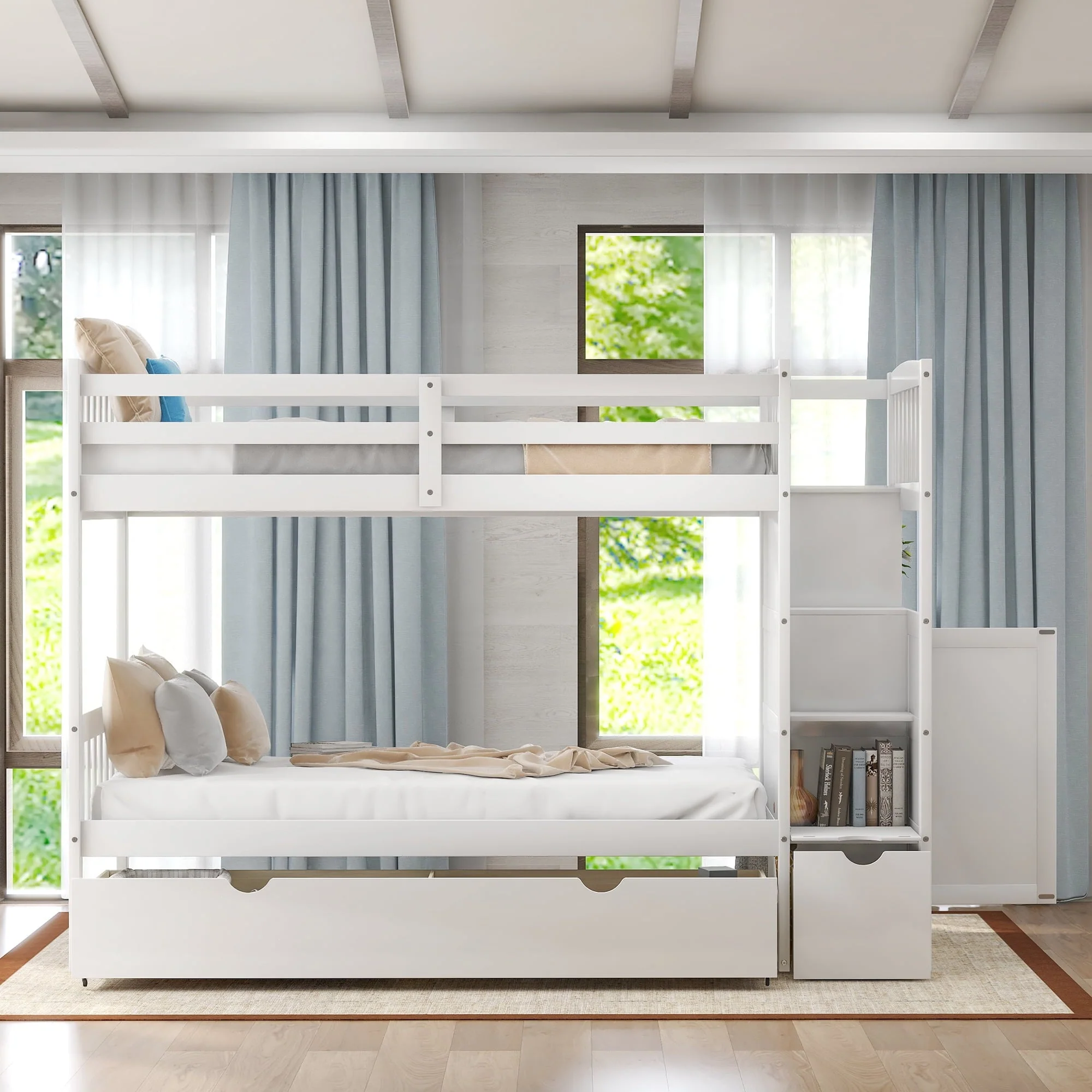 Twin over Twin Bunk Bed with Drawer and Cabinet for Kids Bedroom, White - Image 3