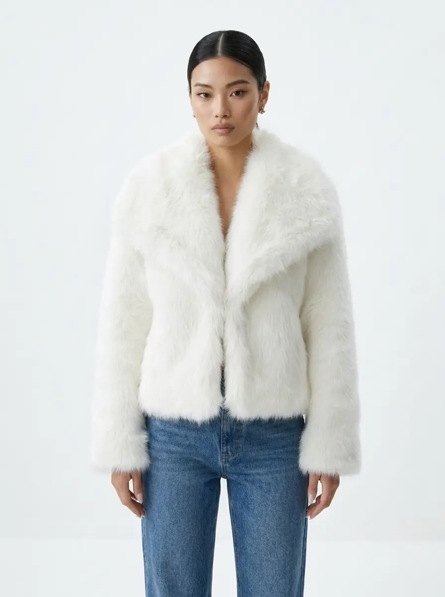 Front view of a woman modeling a white faux fur jacket