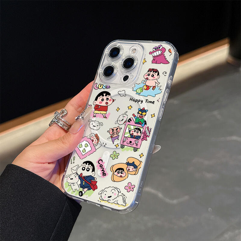 Cute and Happy Boy Cartoon Print Transparent Magnetic iPhone Case, compatible with MagSafe, transparent acrylic protective case, fun and adorable character design, suitable for all iPhone series 11/12/13/14/15/16/17 - wanlinfang