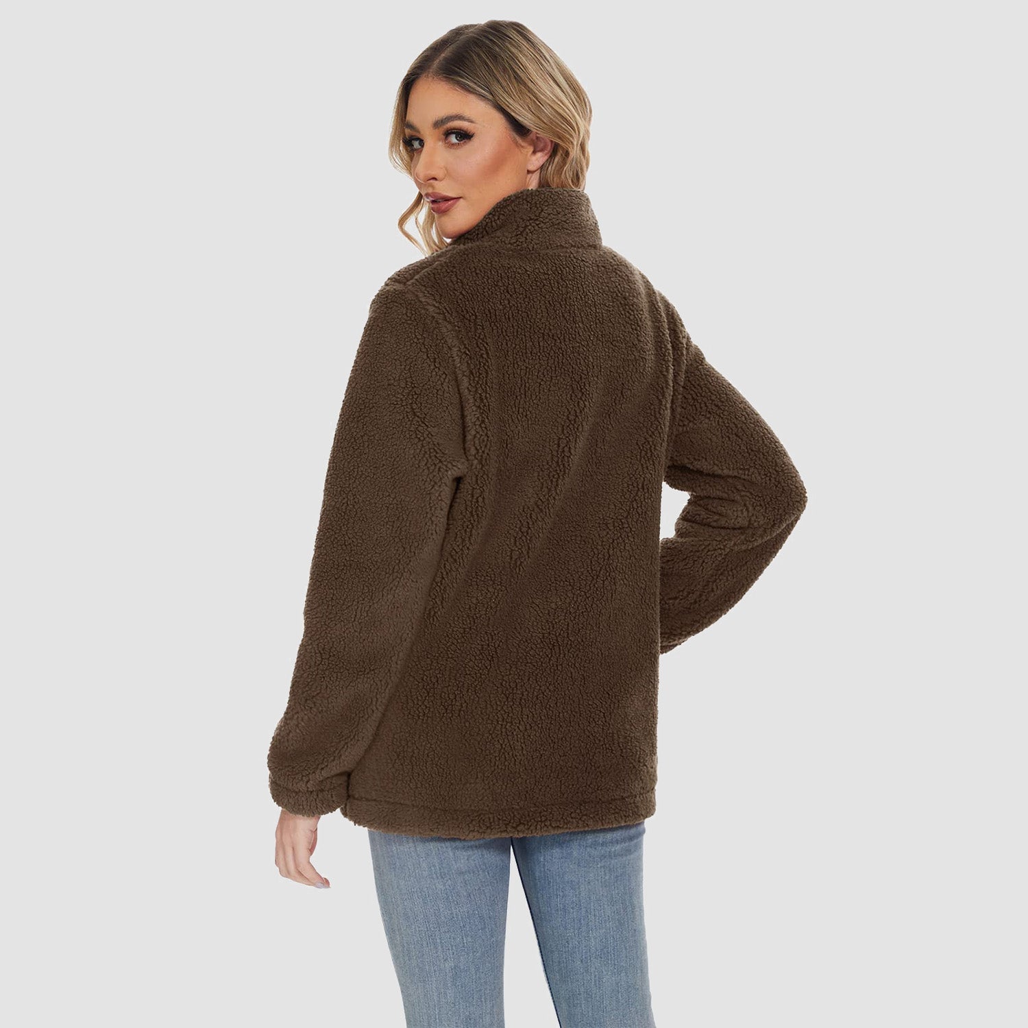 Women Sherpa Jacket Full-Zip Fuzzy Fleece Teddy Casual Coats Zip Pockets Winter Warm Soft Jackets