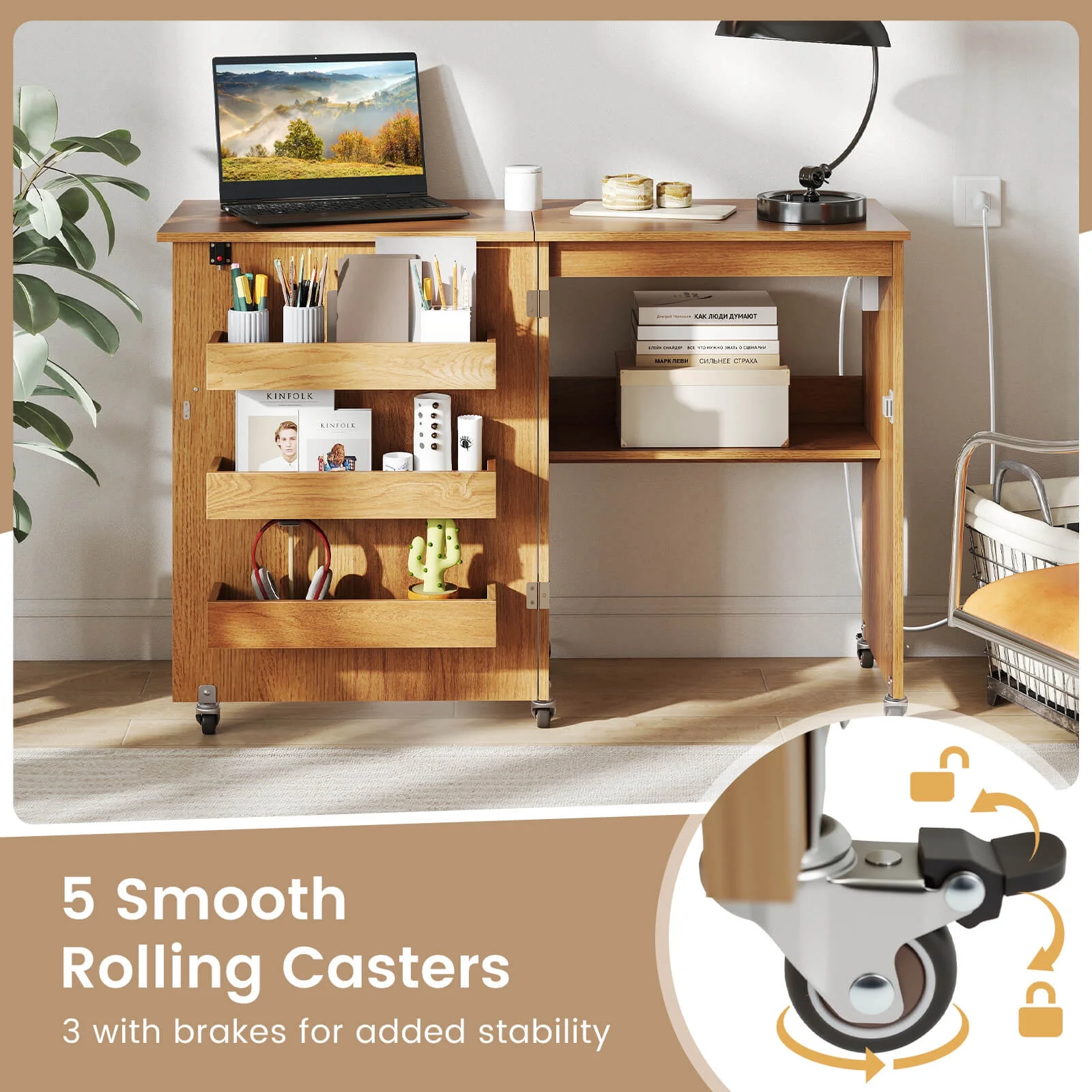 Folding Sewing Table Rolling Craft Station with 3 Storage Bins Charging Station Natural(Natural) - Image 10